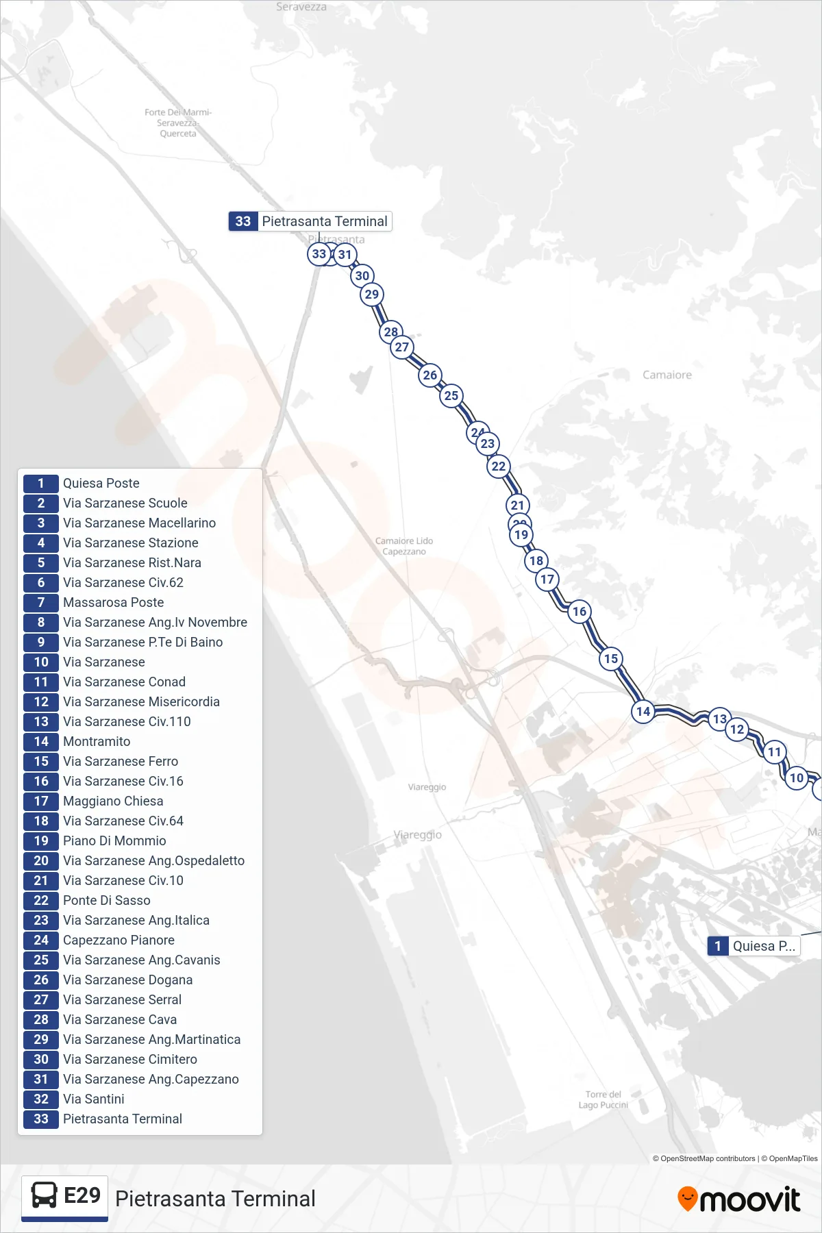 Linea E29 bus (Pietrasanta Terminal) - Percorsi e fermate sulla mappa