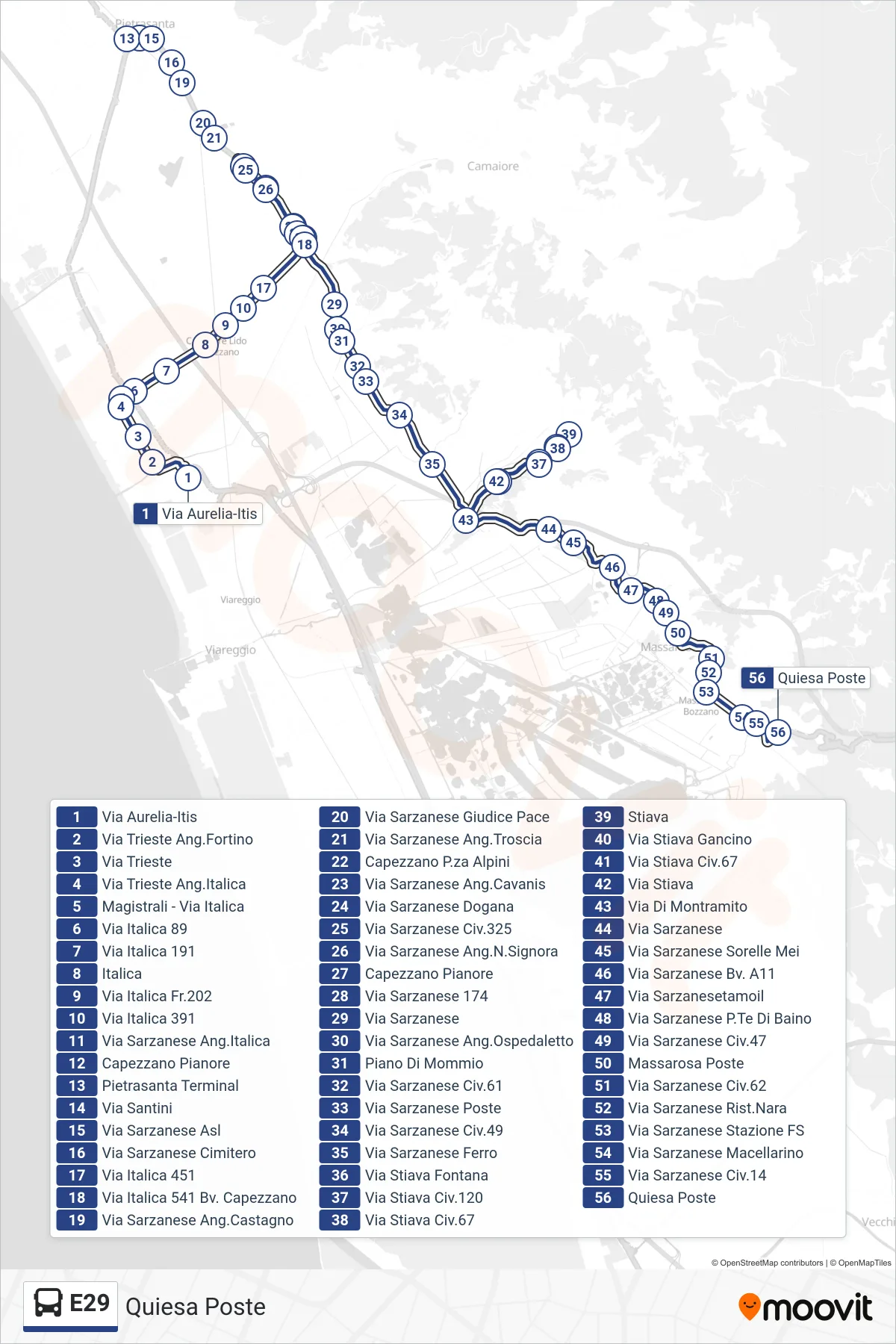 Linea E29 bus (Quiesa Poste) - Percorsi e fermate sulla mappa