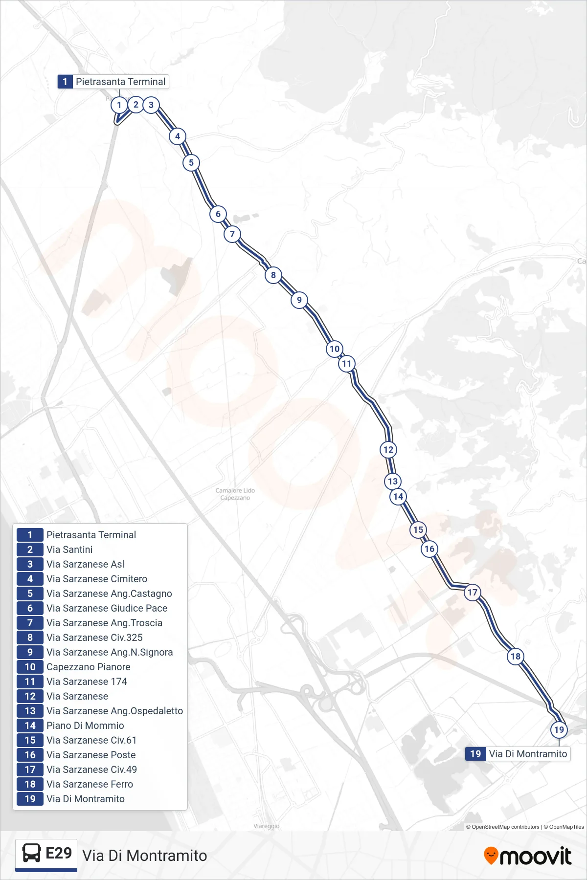Linea E29 bus (Via Di Montramito) - Percorsi e fermate sulla mappa
