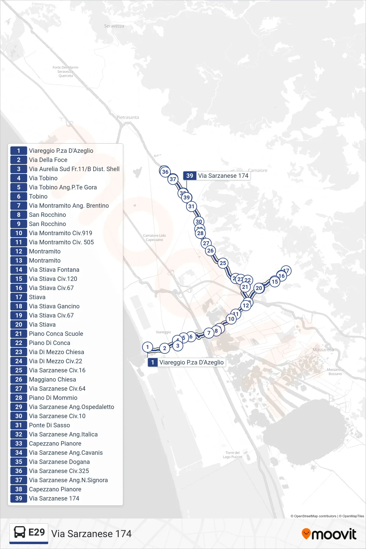 Linea E29 bus (Via Sarzanese 174) - Percorsi e fermate sulla mappa