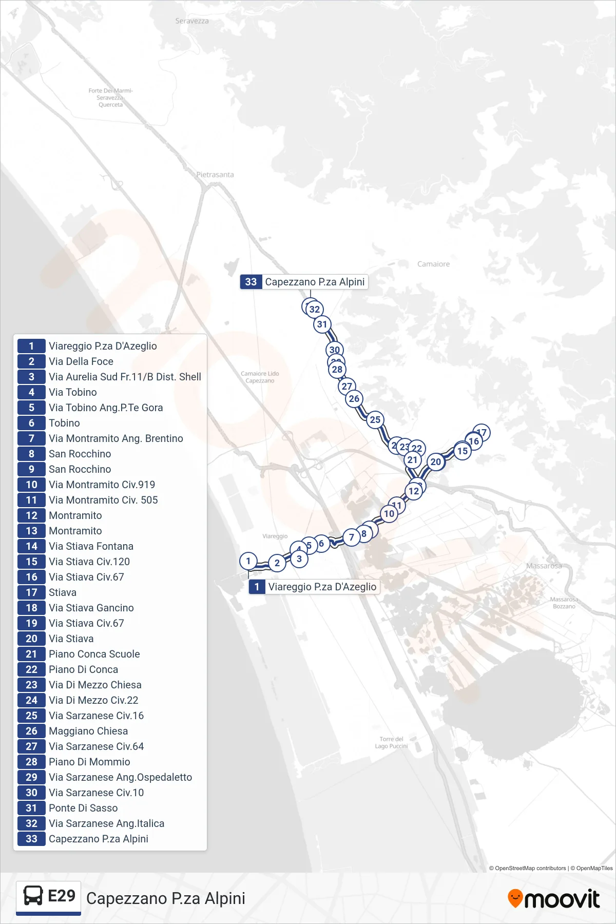 Linea E29 bus (Capezzano P.za Alpini) - Percorsi e fermate sulla mappa