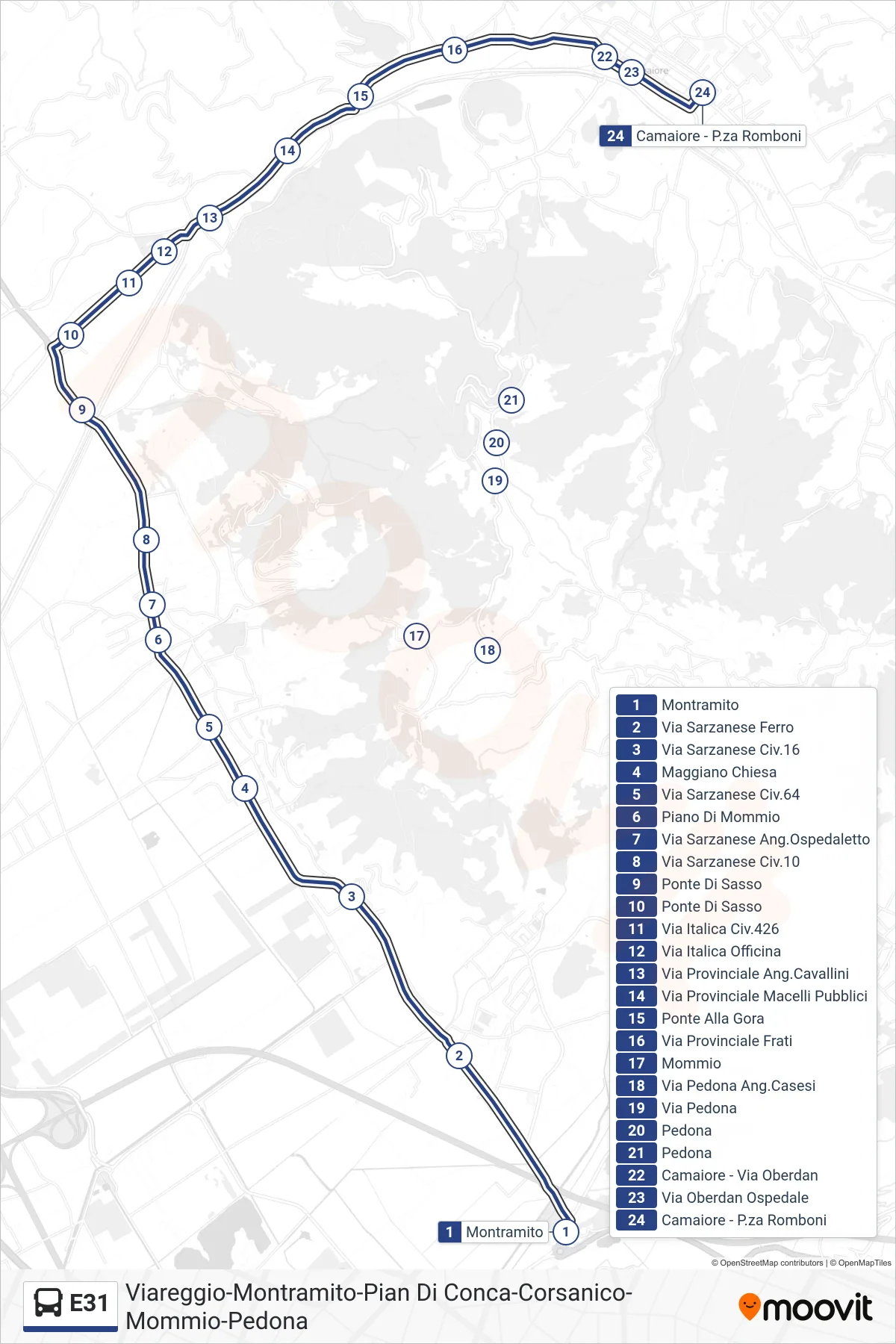 Linea E31 bus (P.za Romboni) - Percorsi e fermate sulla mappa