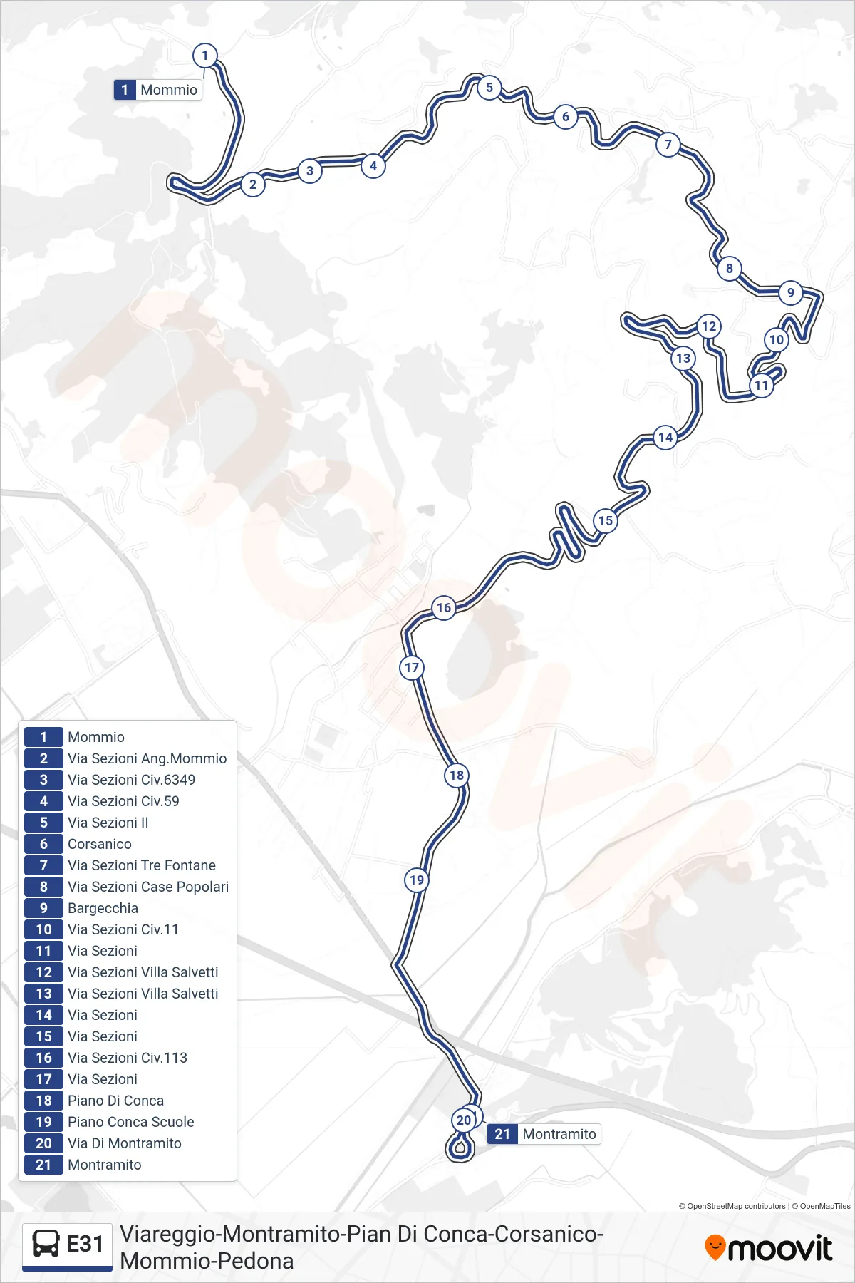 Linea E31 bus (Montramito) - Percorsi e fermate sulla mappa