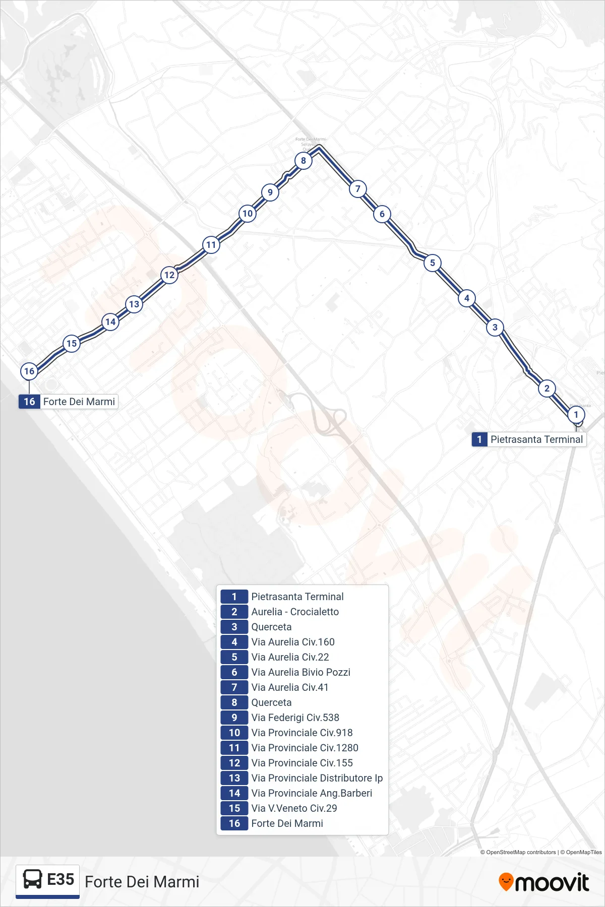 Linea E35 bus (Forte Dei Marmi) - Percorsi e fermate sulla mappa