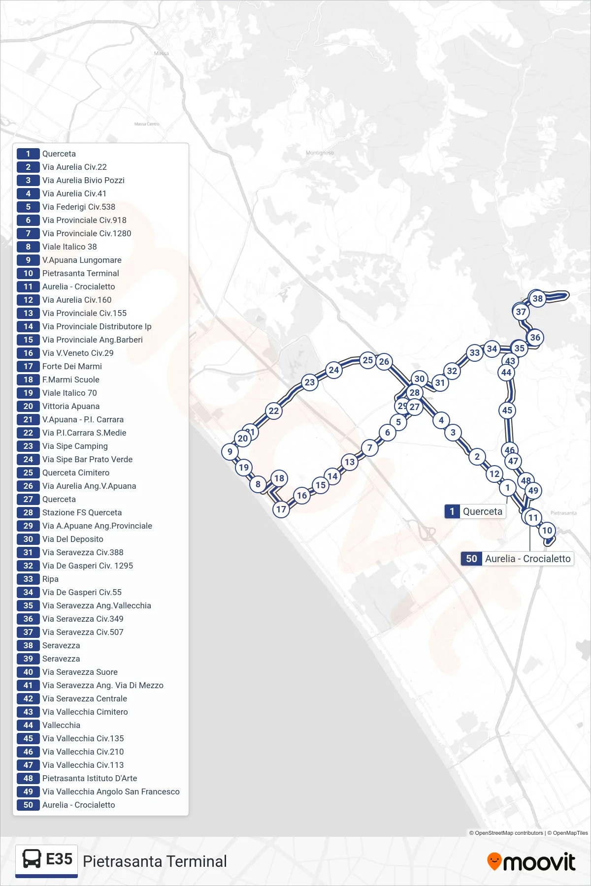 E35 bus Line (Pietrasanta Terminal) route and stops on a map