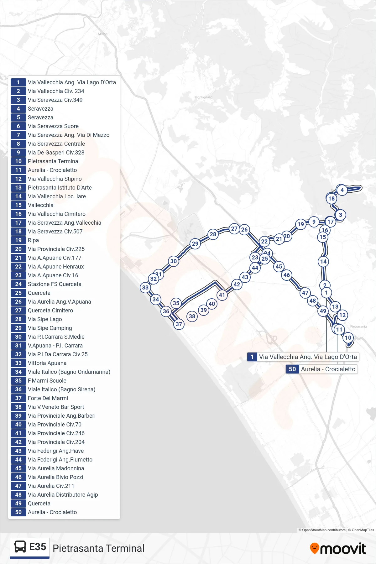 Linea E35 bus (Pietrasanta Terminal) - Percorsi e fermate sulla mappa