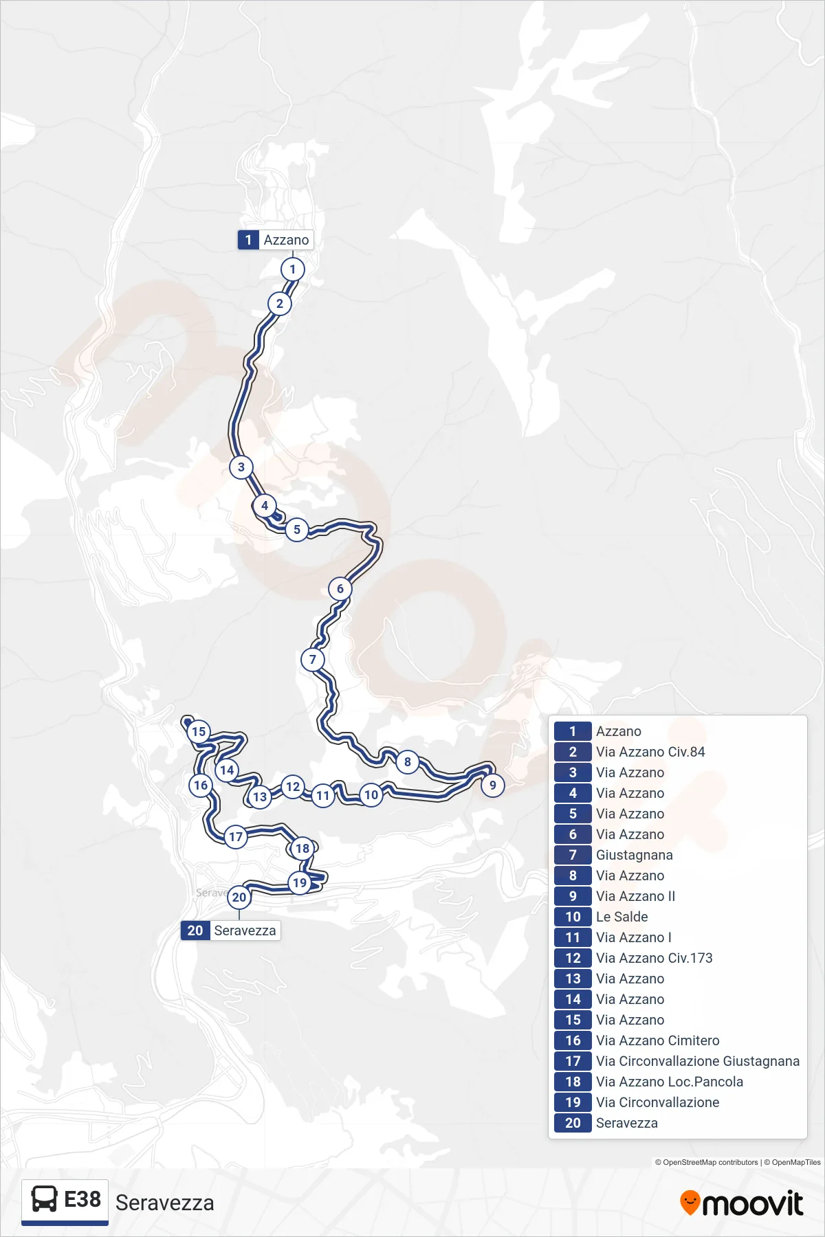 Linea E38 bus (Seravezza) - Percorsi e fermate sulla mappa