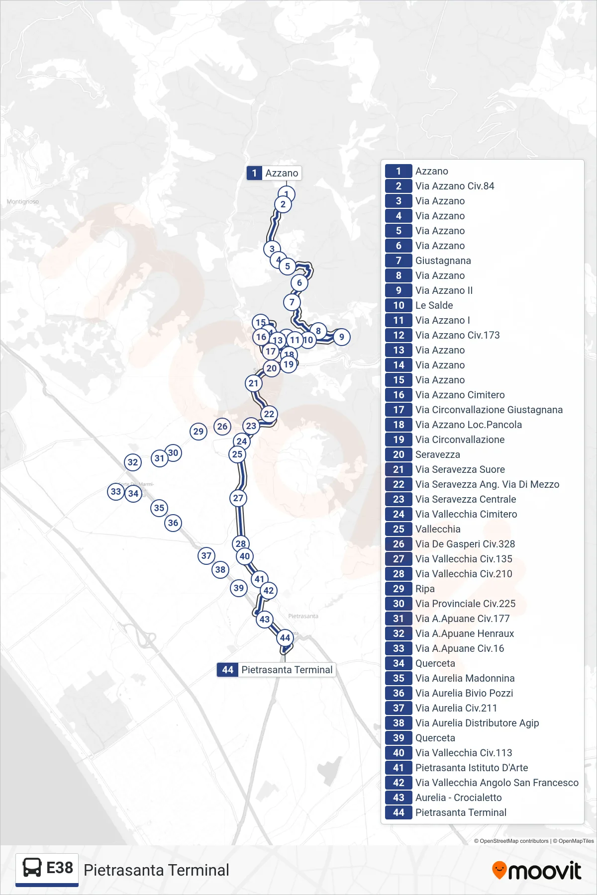 Linea E38 bus (Pietrasanta Terminal) - Percorsi e fermate sulla mappa