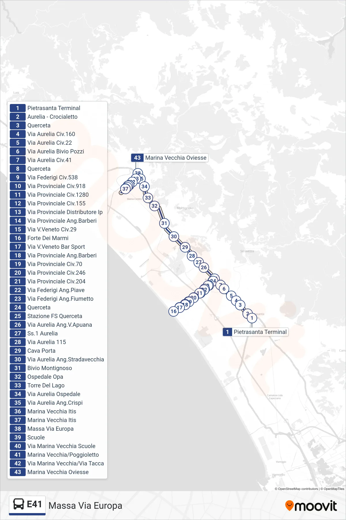 Linea E41 bus (Massa Via Europa) - Percorsi e fermate sulla mappa