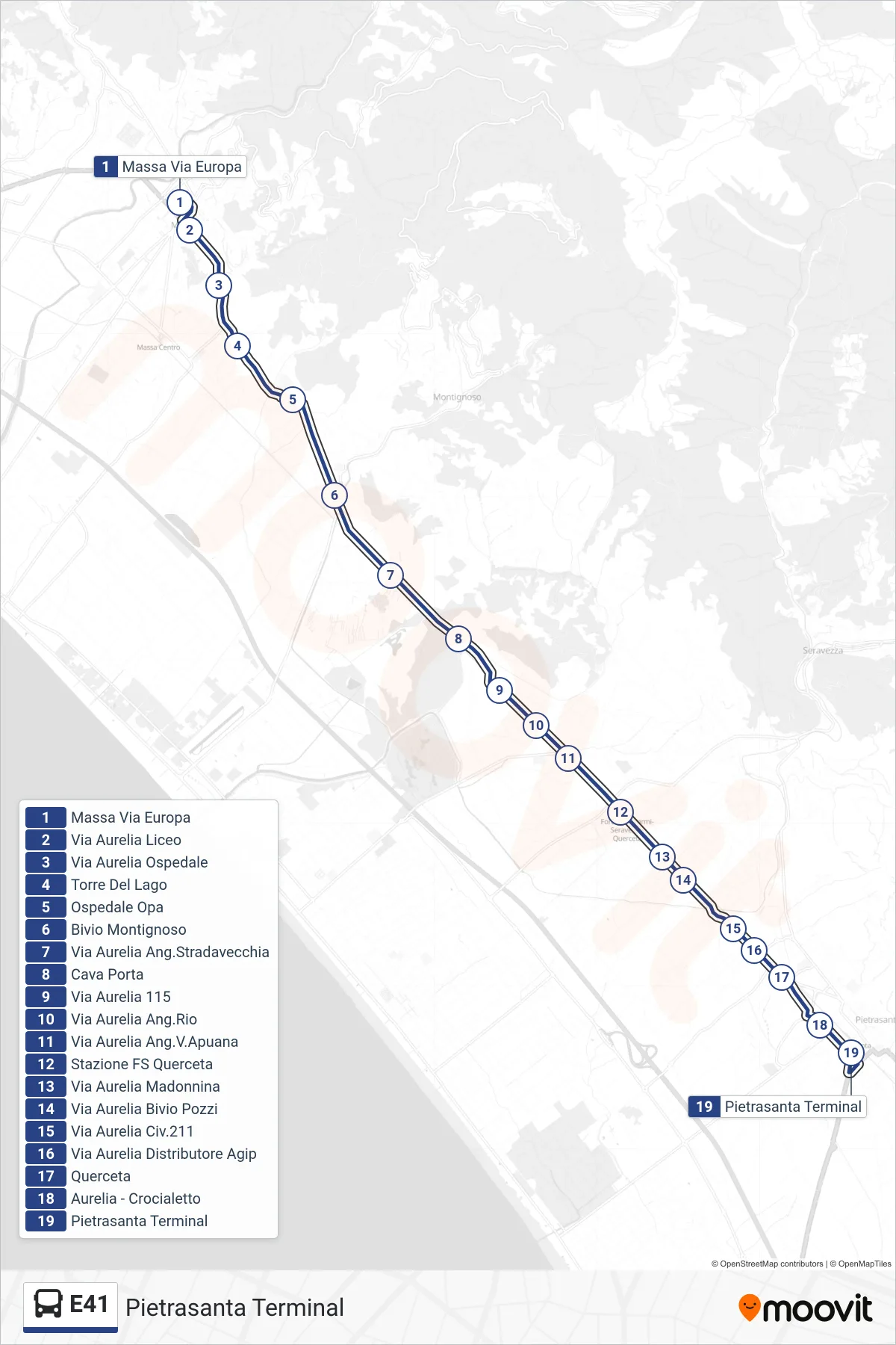 E41 bus Line (Pietrasanta Terminal) route and stops on a map