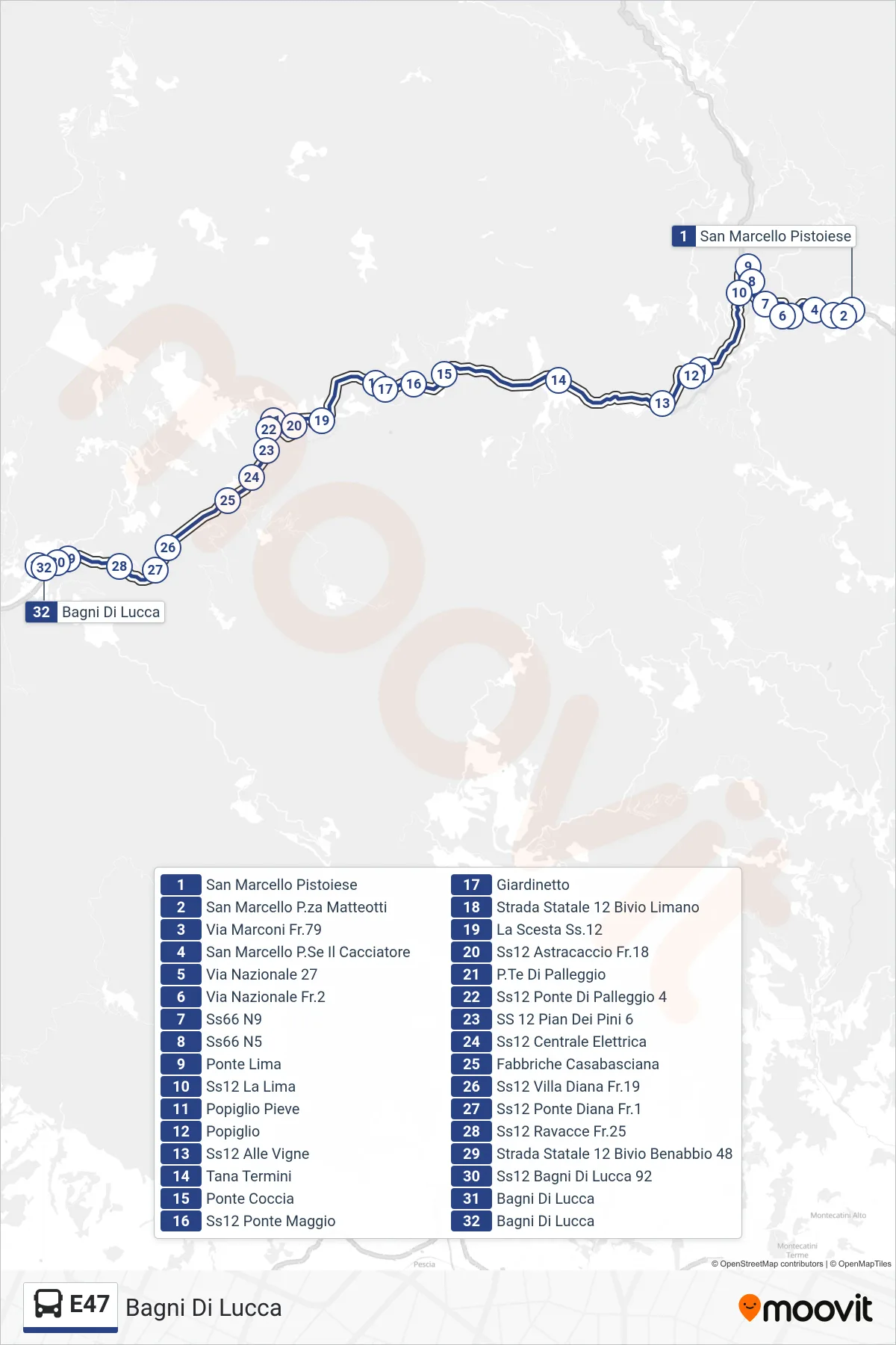 E47 bus Line (Bagni Di Lucca) route and stops on a map