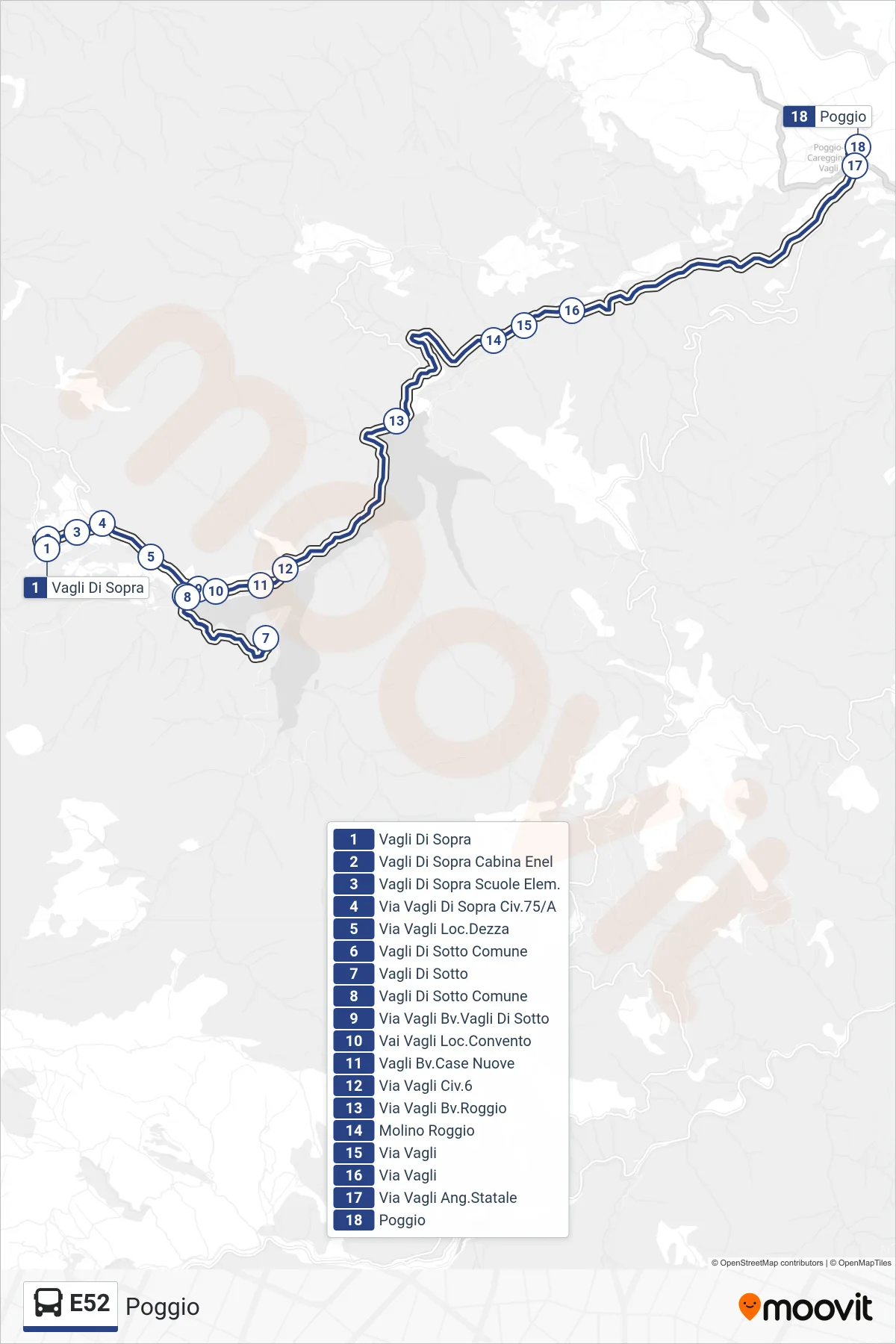 E52 bus Line (Poggio) route and stops on a map