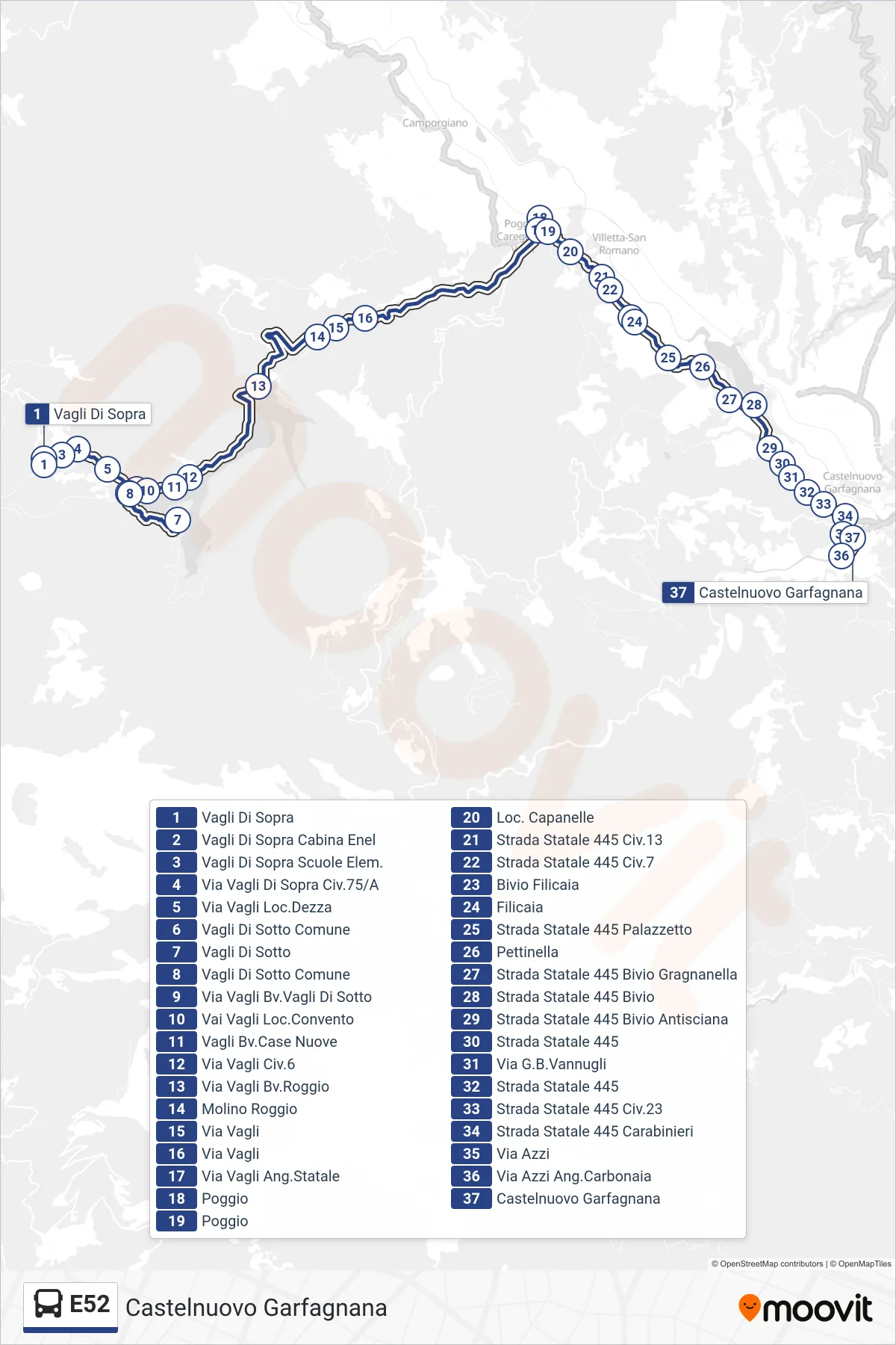 E52 bus Line (Castelnuovo Garfagnana) route and stops on a map
