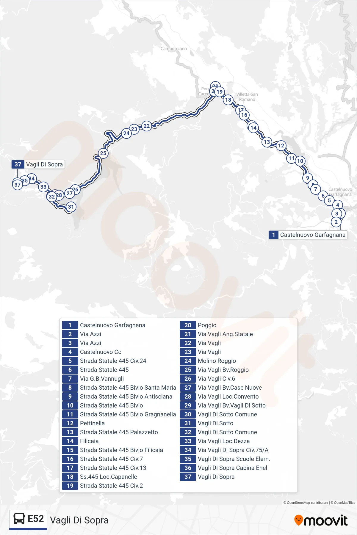 Linea E52 bus (Vagli Di Sopra) - Percorsi e fermate sulla mappa