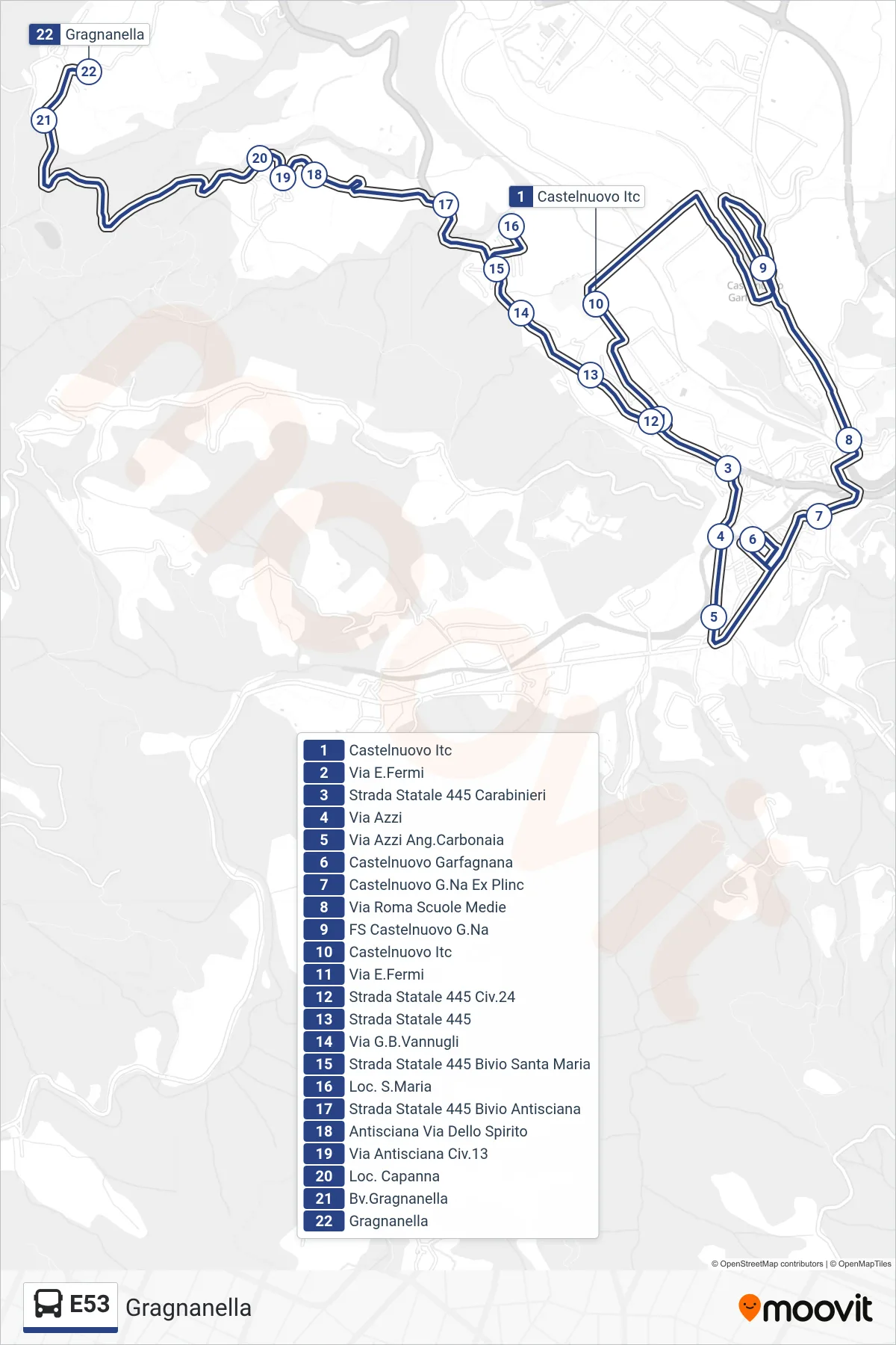 Linea E53 bus (Gragnanella) - Percorsi e fermate sulla mappa