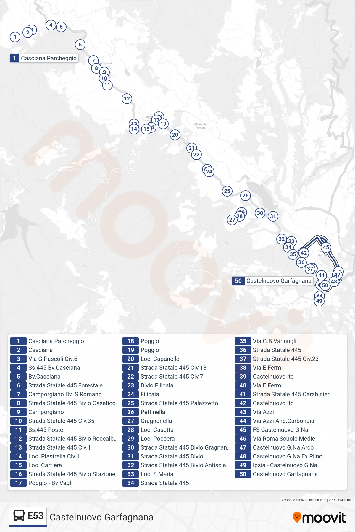 Linea E53 bus (Castelnuovo Garfagnana) - Percorsi e fermate sulla mappa