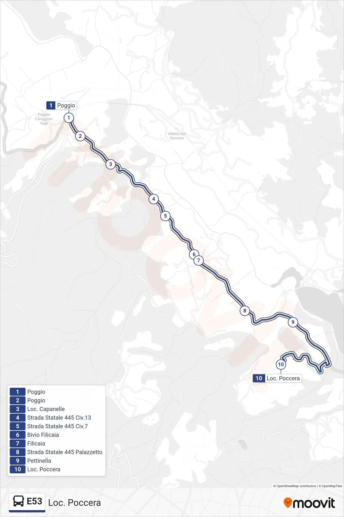 Linea E53 bus (Loc. Poccera) - Percorsi e fermate sulla mappa