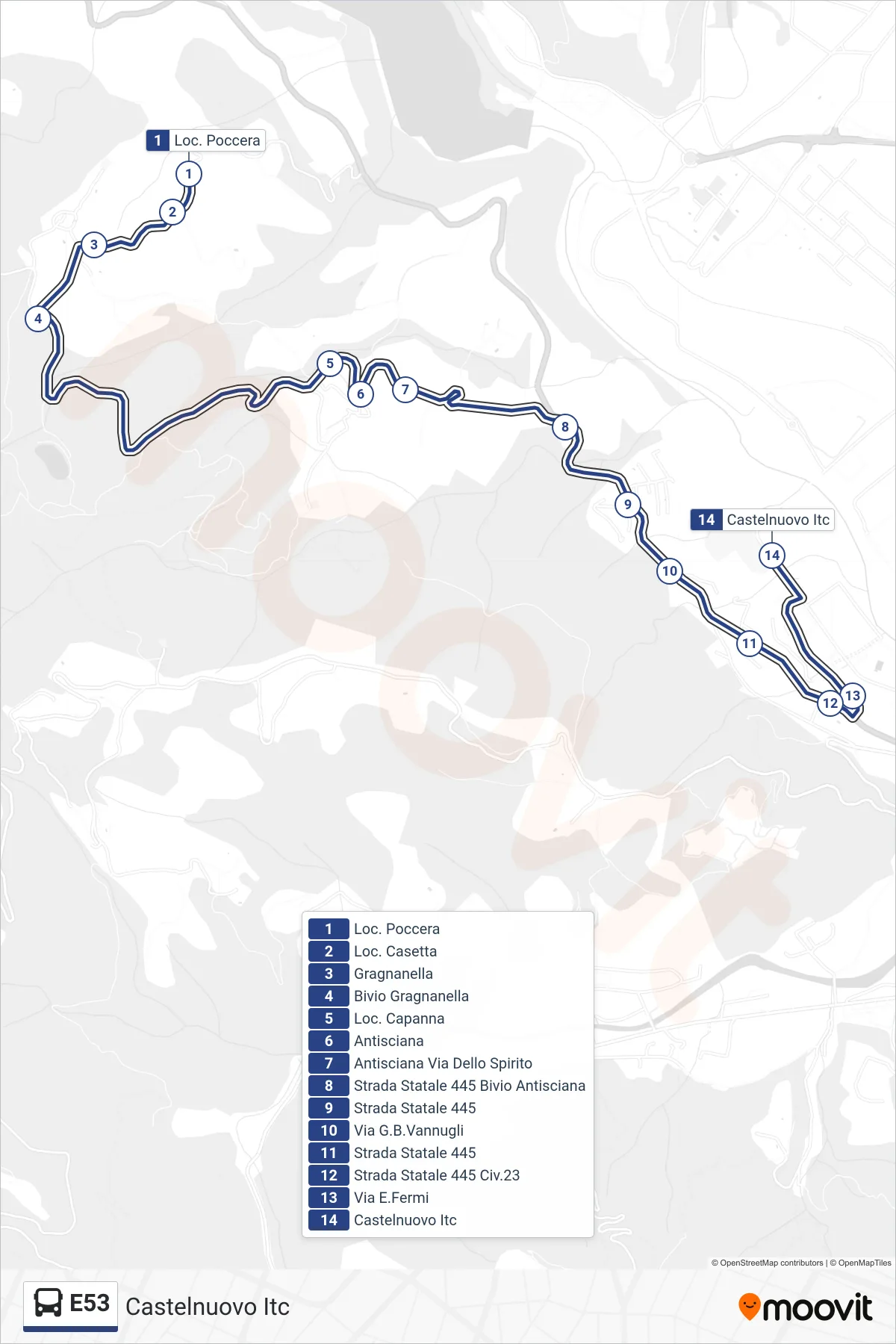 E53 bus Line (Castelnuovo Technical Institute) route and stops on a map