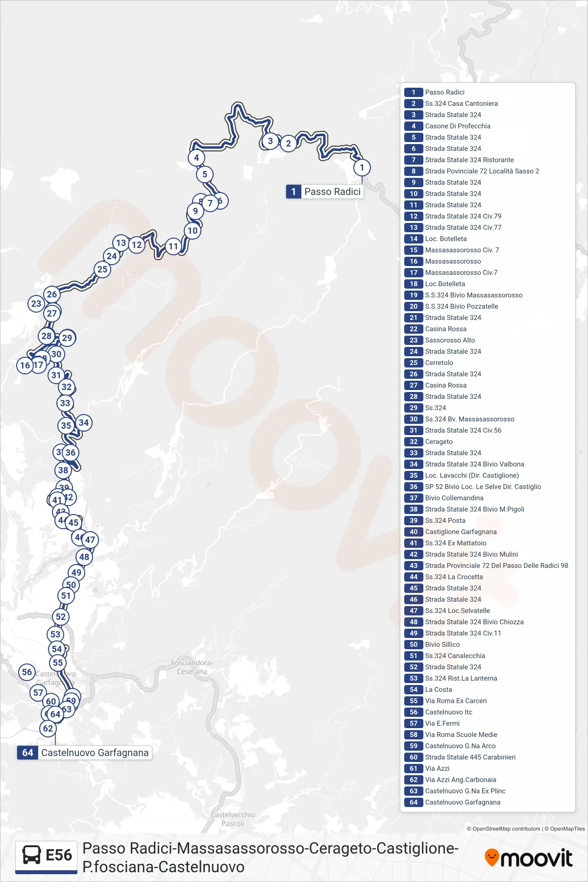 E56 bus Line (Castelnuovo Garfagnana) route and stops on a map
