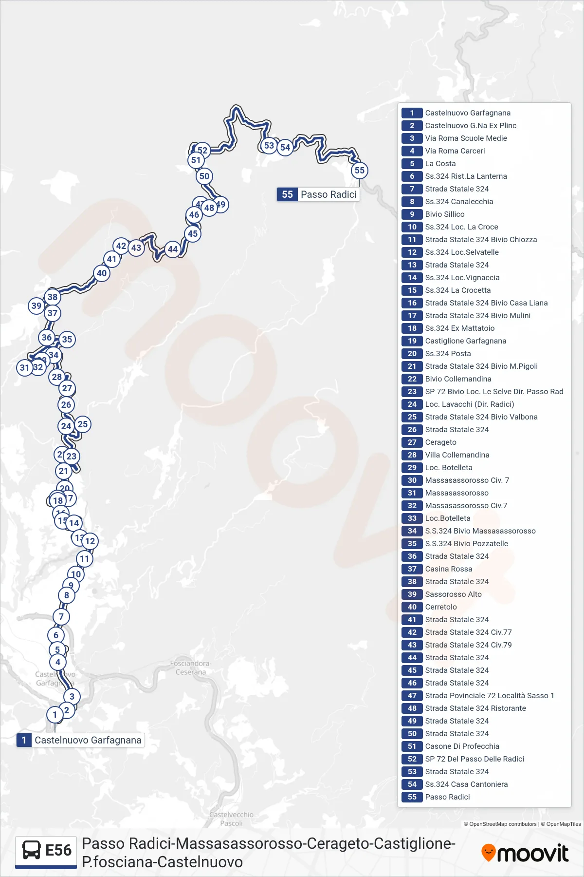 E56 bus Line (Passo Radici) route and stops on a map
