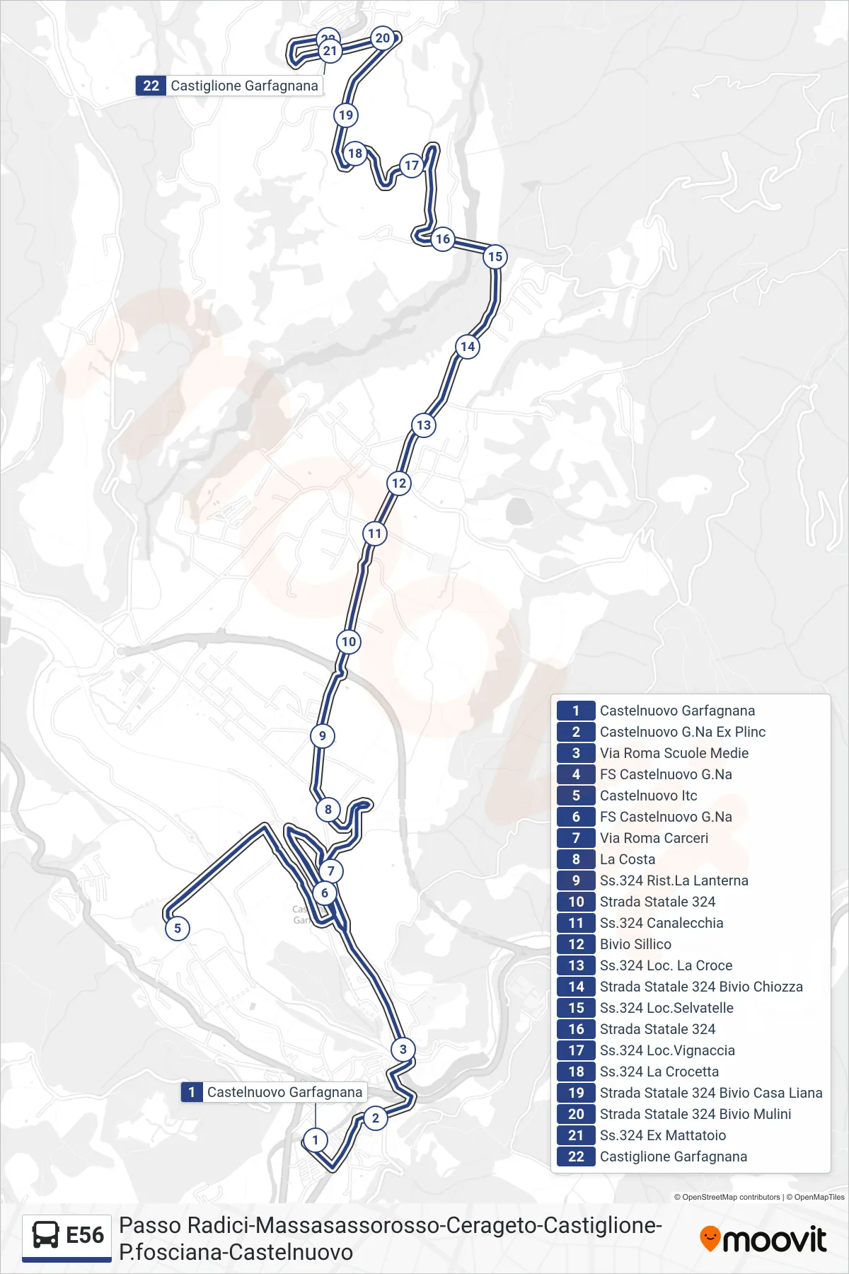 Linea E56 bus (Castiglione Garfagnana) - Percorsi e fermate sulla mappa