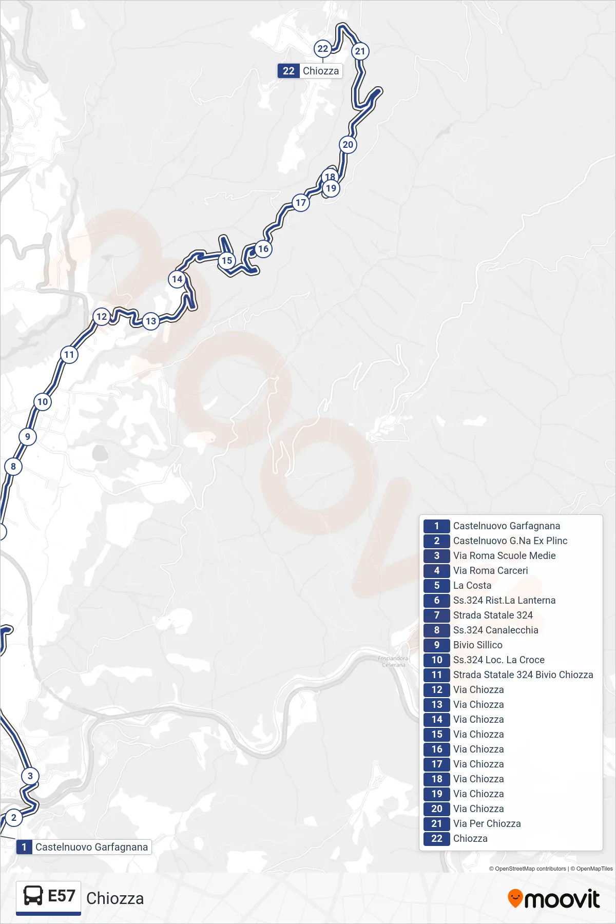 Linea E57  bus (Chiozza) - Percorsi e fermate sulla mappa