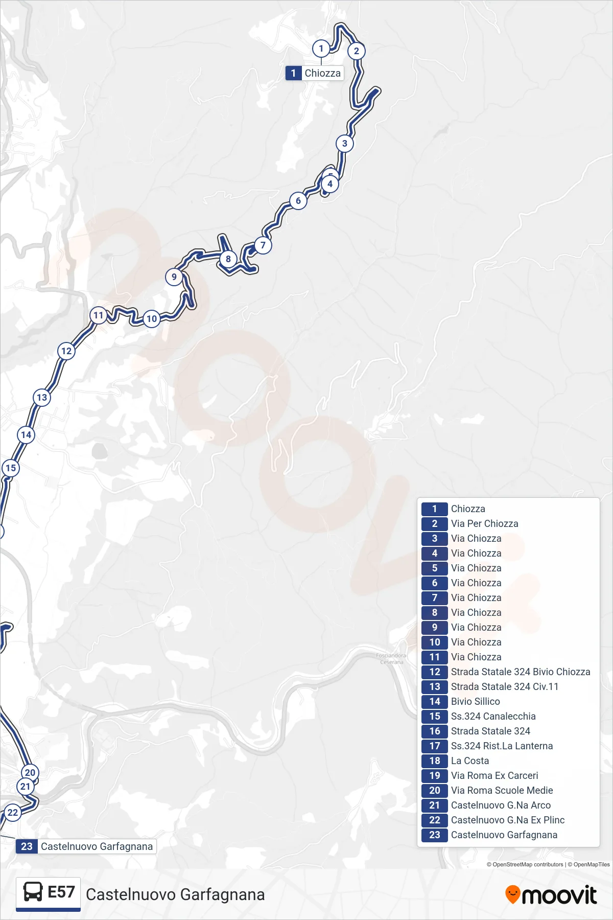 Linea E57  bus (Castelnuovo Garfagnana) - Percorsi e fermate sulla mappa