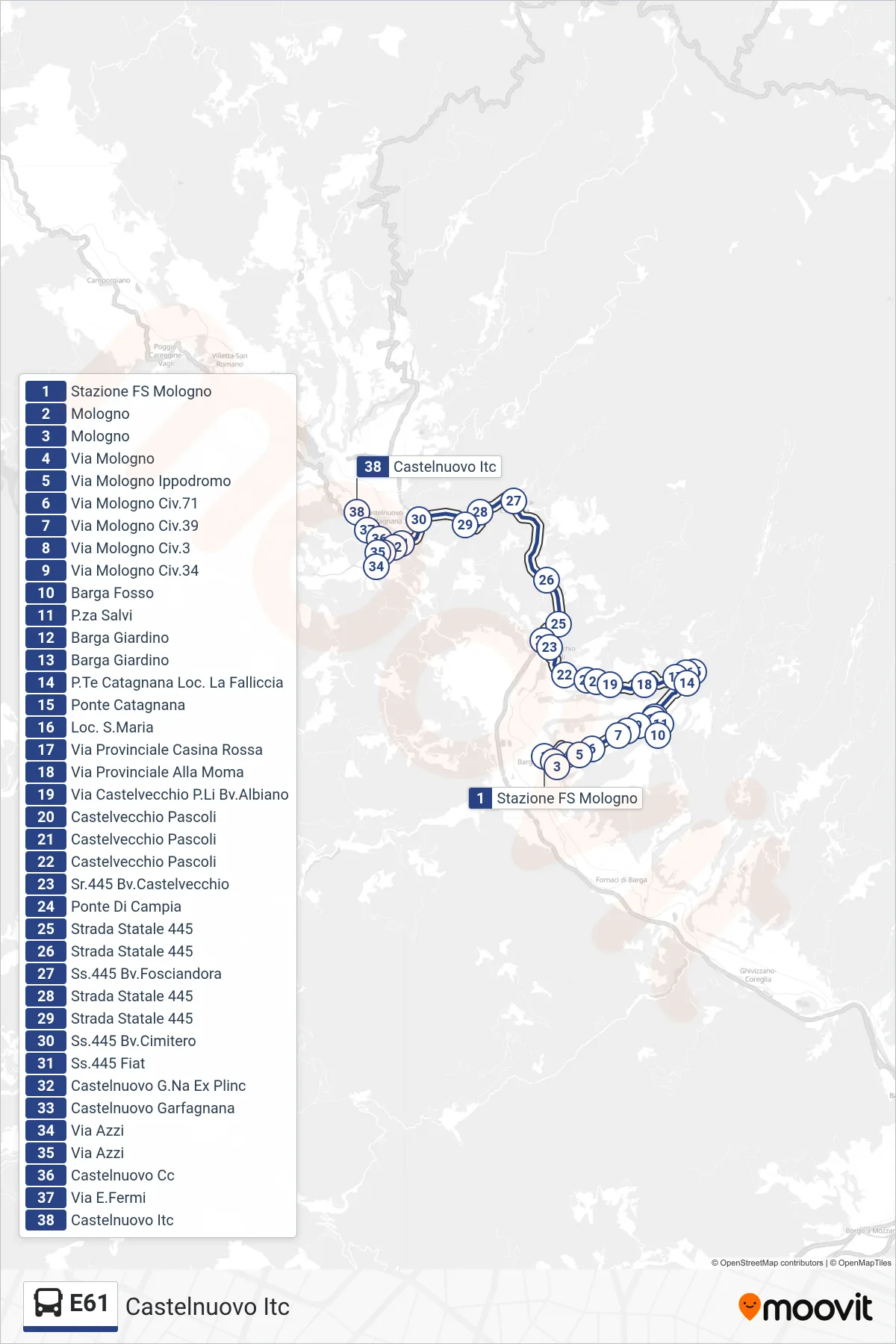Linea E61  bus (Castelnuovo Itc) - Percorsi e fermate sulla mappa
