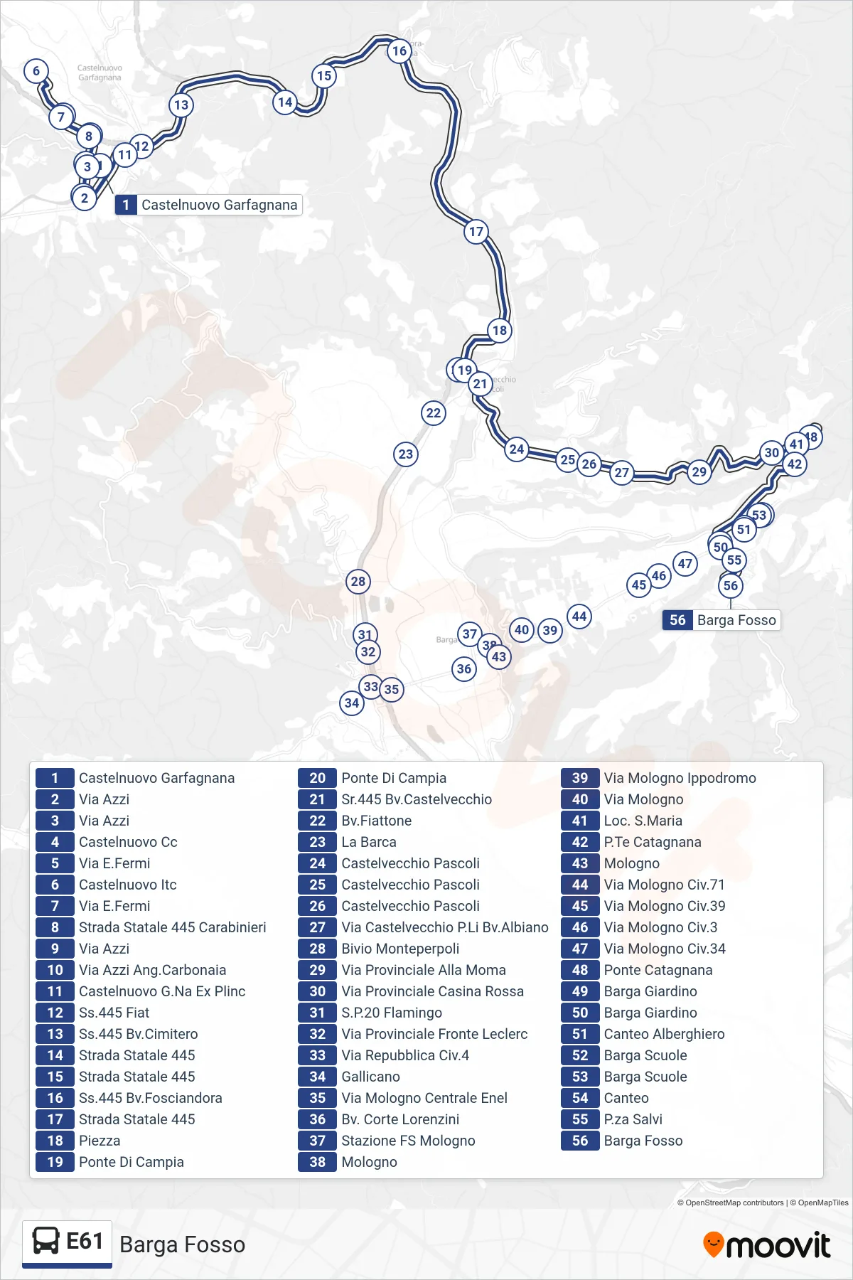 E61 bus Line (Barga Fosso) route and stops on a map