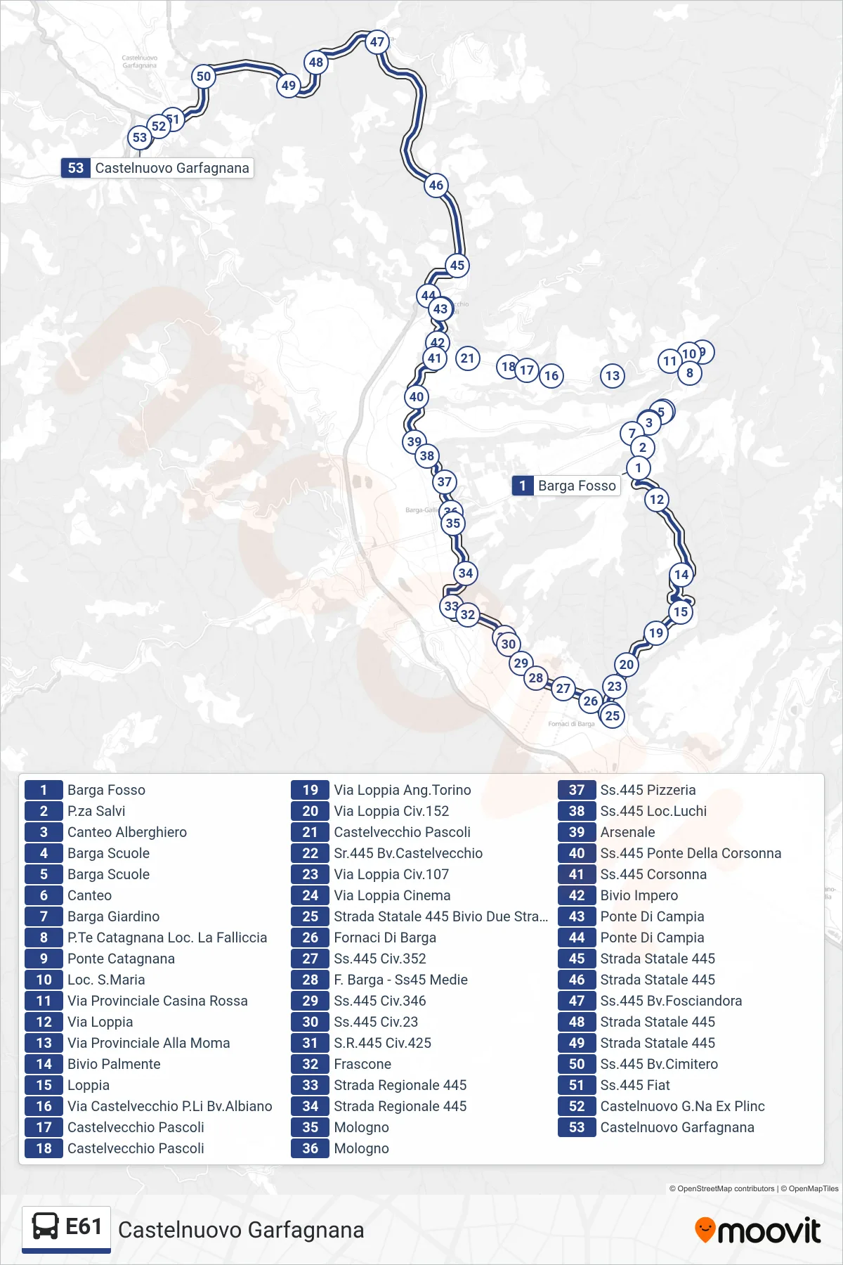 Linea E61 bus (Castelnuovo Garfagnana) - Percorsi e fermate sulla mappa