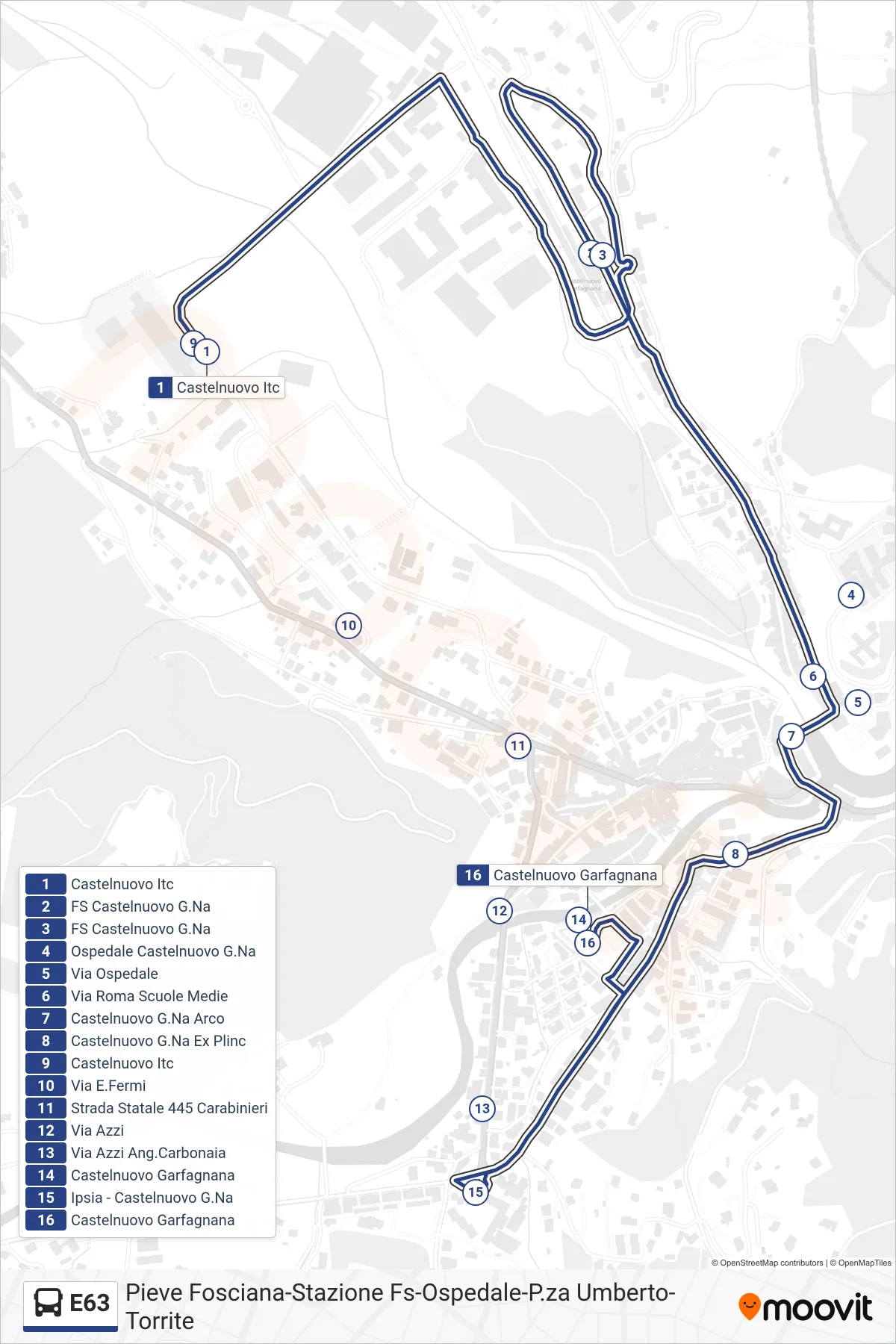 Linea E63 bus (Castelnuovo Garfagnana) - Percorsi e fermate sulla mappa