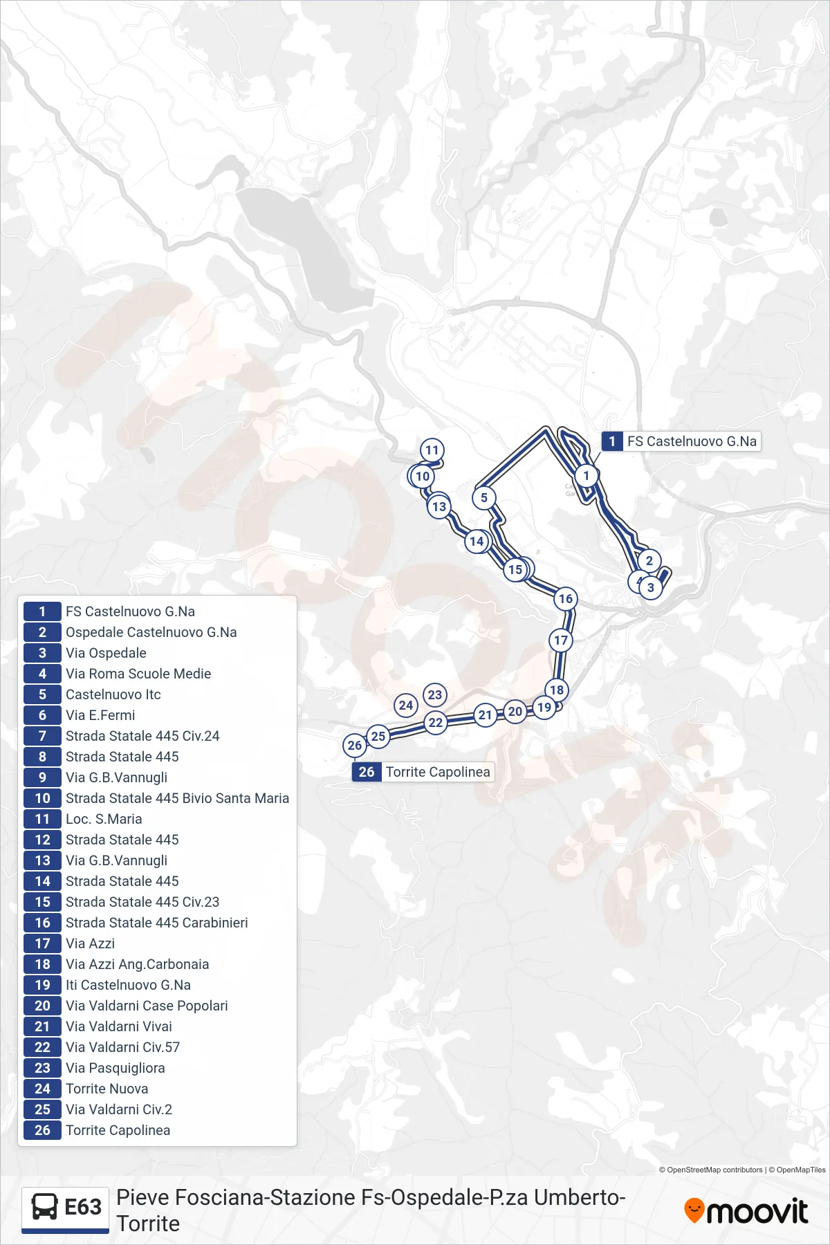 E63 bus Line (Torrite Terminal) route and stops on a map