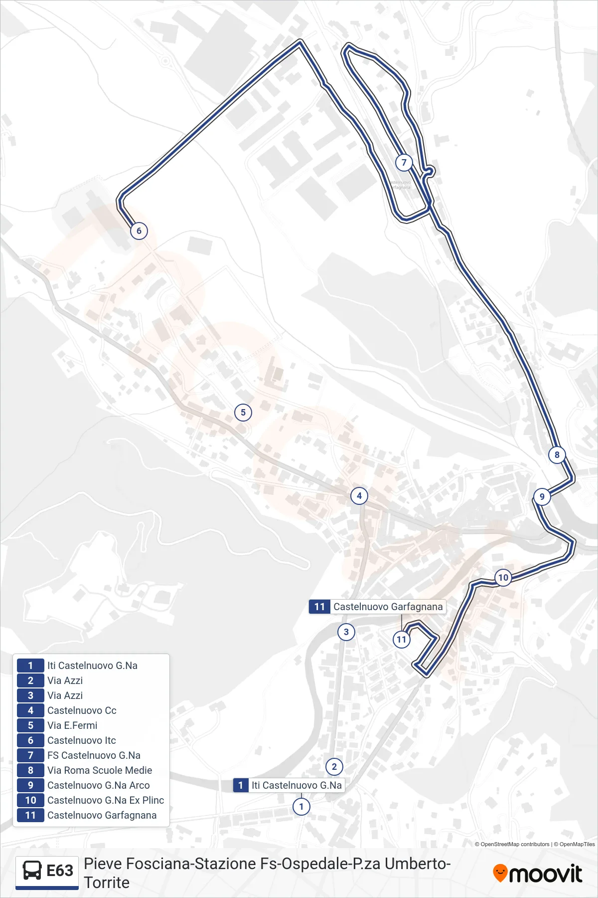 Linea E63 bus (Castelnuovo Garfagnana) - Percorsi e fermate sulla mappa