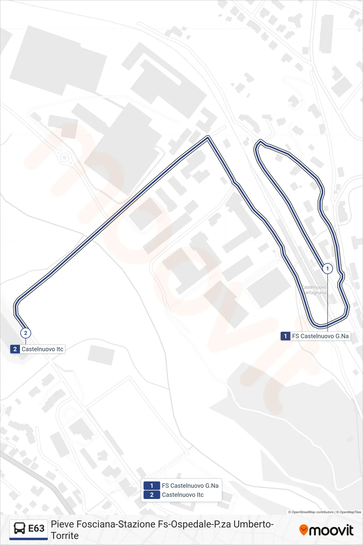E63 bus Line (Castelnuovo Technical Institute) route and stops on a map