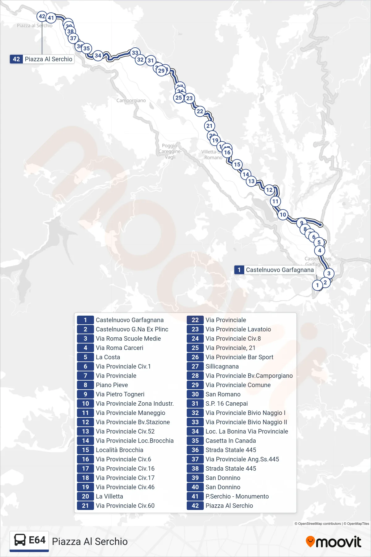 Linea E64 bus (Piazza Al Serchio) - Percorsi e fermate sulla mappa