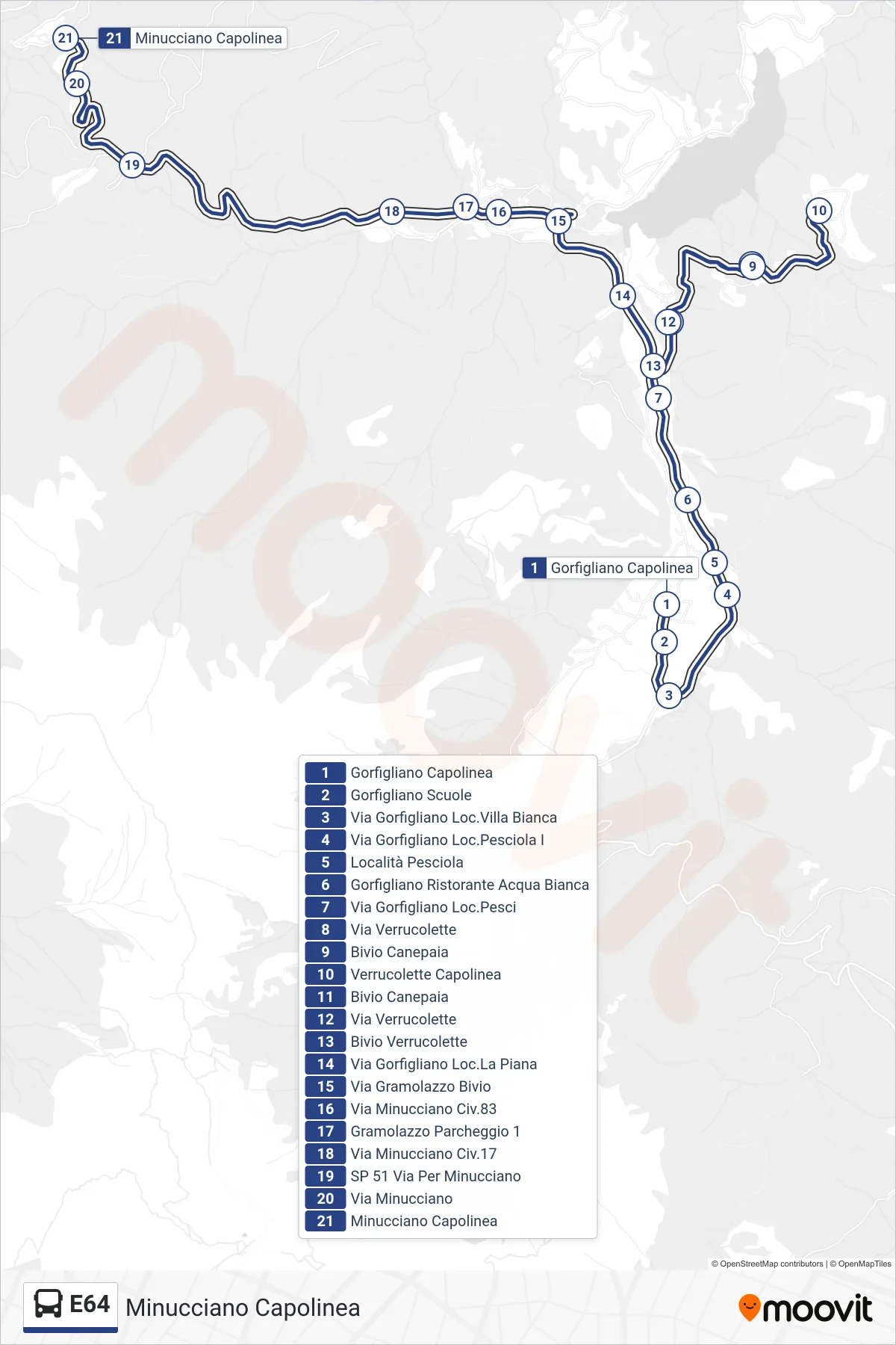 Linea E64 bus (Minucciano Capolinea) - Percorsi e fermate sulla mappa