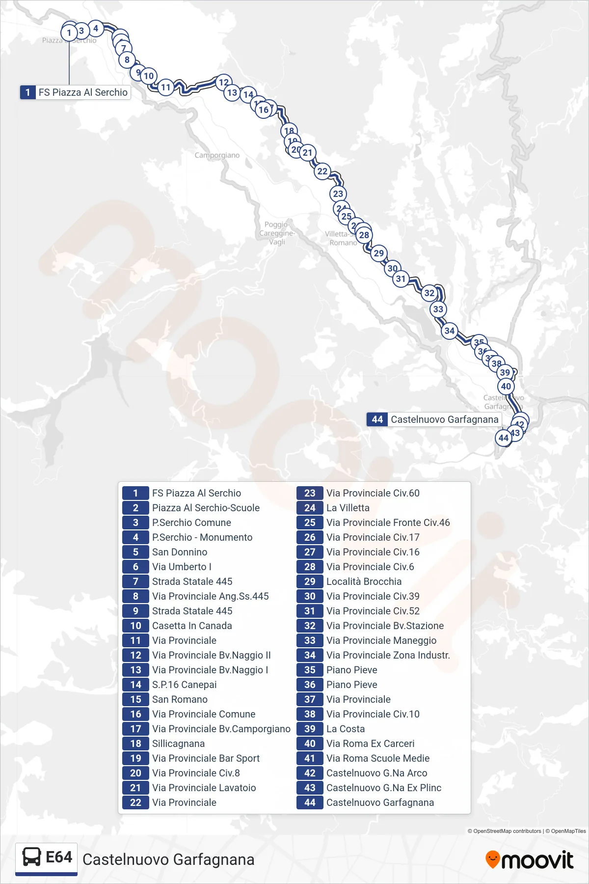 Linea E64 bus (Castelnuovo Garfagnana) - Percorsi e fermate sulla mappa