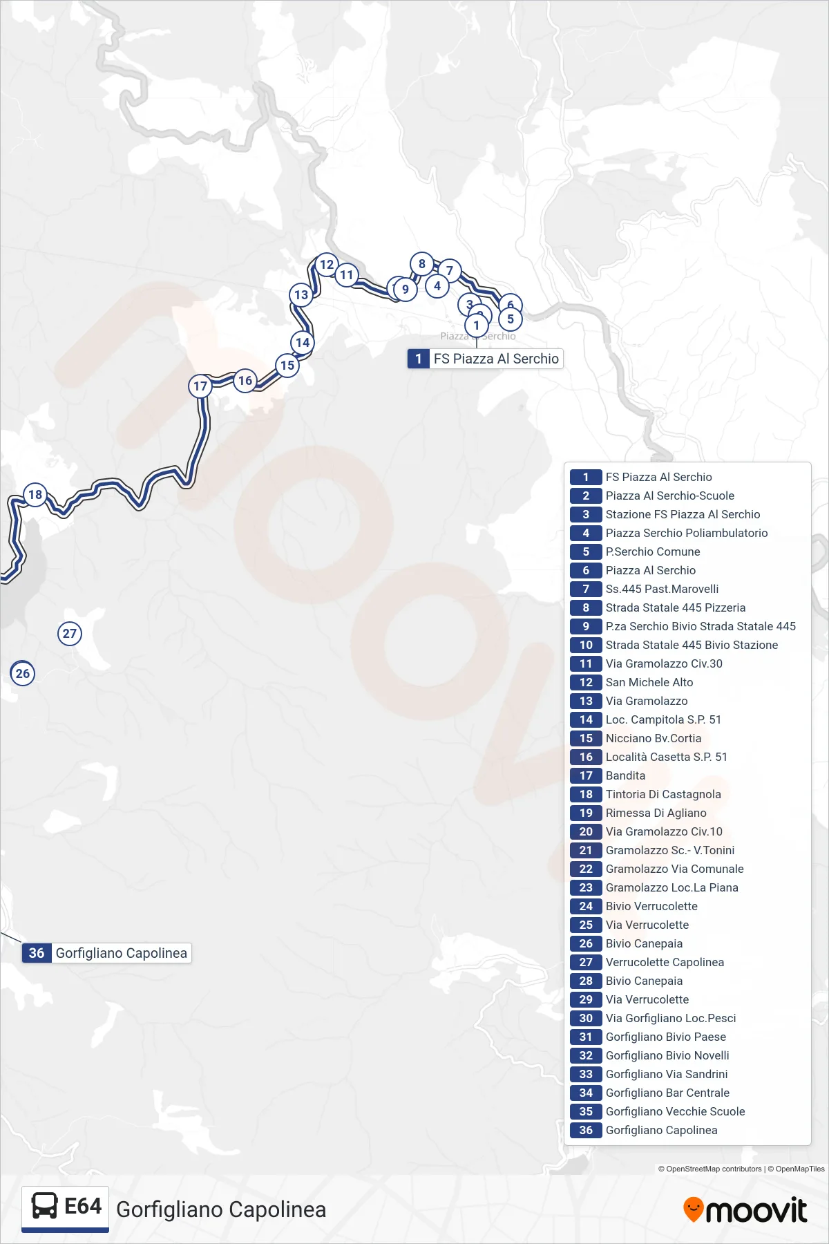 Linea E64 bus (Gorfigliano Capolinea) - Percorsi e fermate sulla mappa