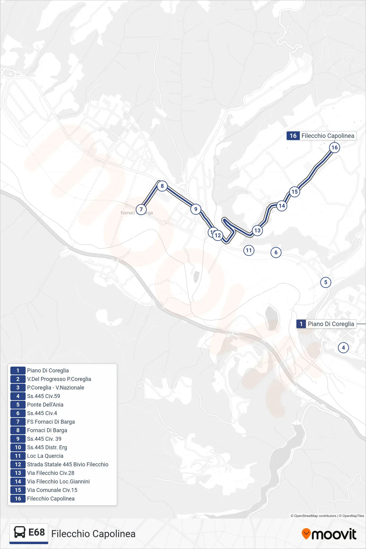 Linea E68  bus (Filecchio Capolinea) - Percorsi e fermate sulla mappa