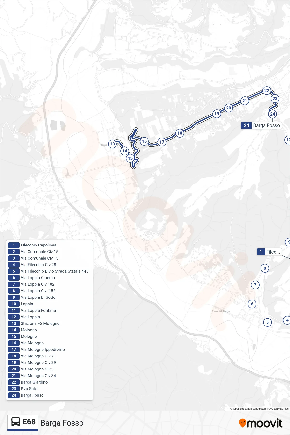 E68 bus Line (Barga Fosso) route and stops on a map