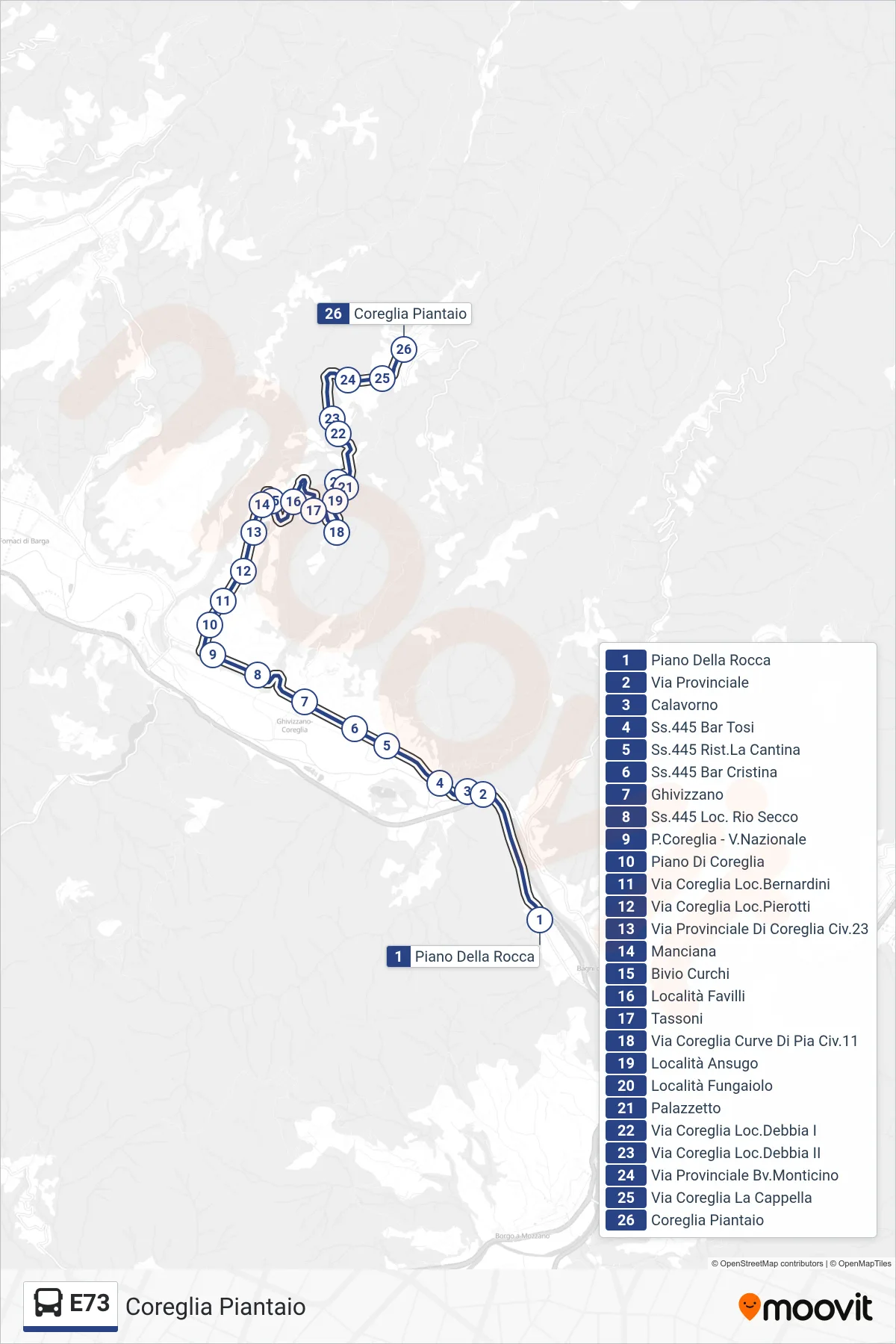 E73 bus Line (Coreglia Piantaio) route and stops on a map