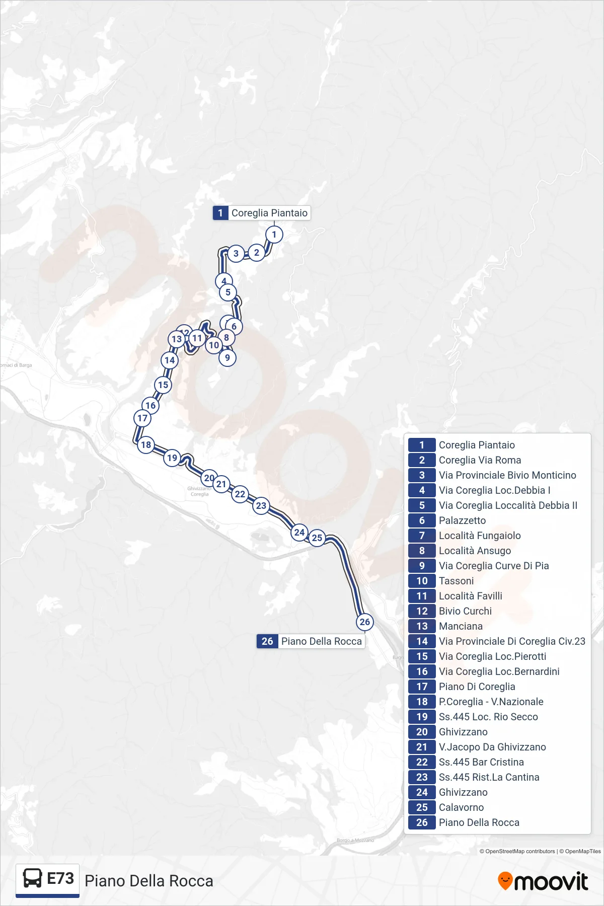 Linea E73 bus (Piano Della Rocca) - Percorsi e fermate sulla mappa