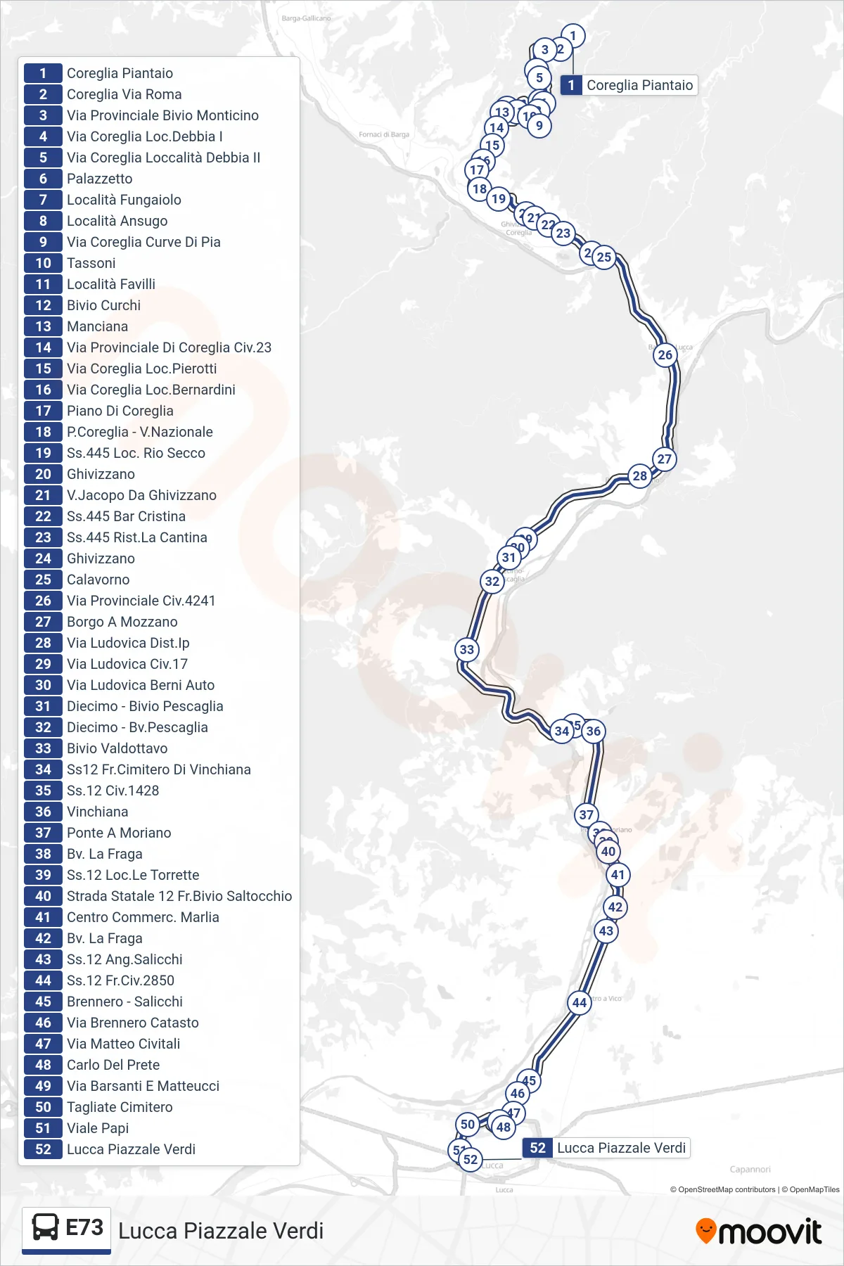 E73 bus Line (Lucca Piazzale Verdi) route and stops on a map