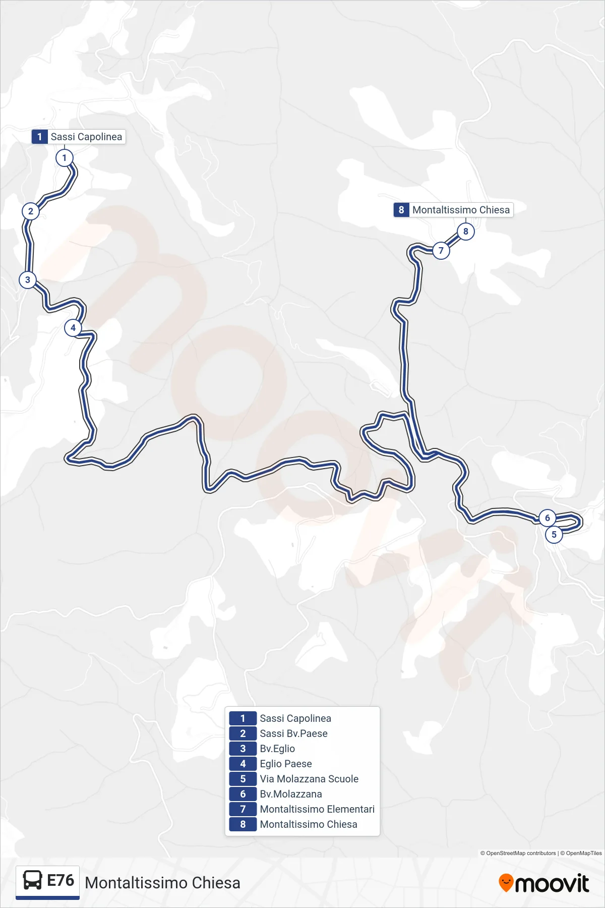 E76 bus Line (Montaltissimo Church) route and stops on a map