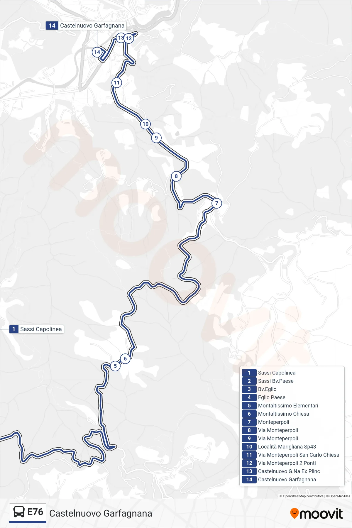 Linea E76 bus (Castelnuovo Garfagnana) - Percorsi e fermate sulla mappa