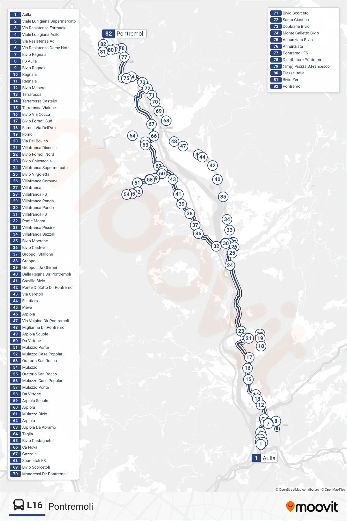 Linea L16 bus (Pontremoli) - Percorsi e fermate sulla mappa