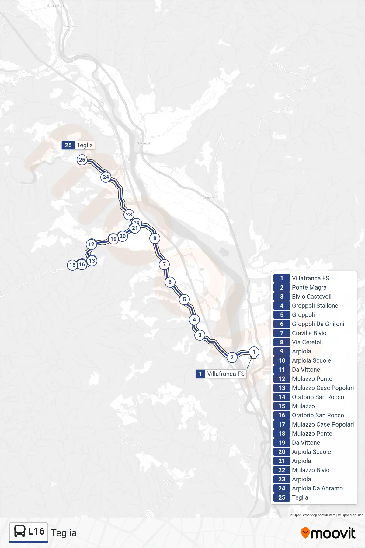 Linea L16 bus (Teglia) - Percorsi e fermate sulla mappa