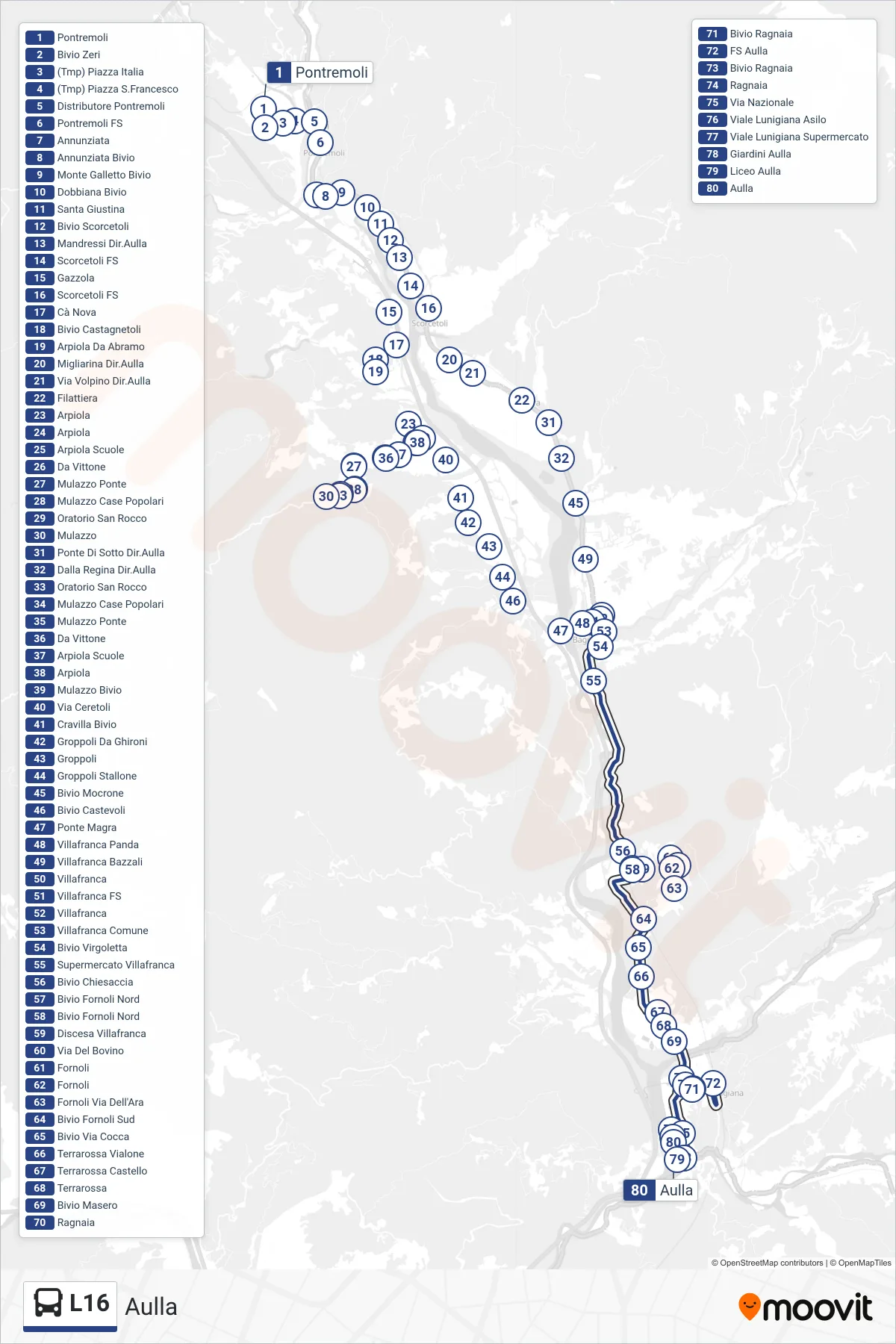 Linea L16  bus (Aulla) - Percorsi e fermate sulla mappa