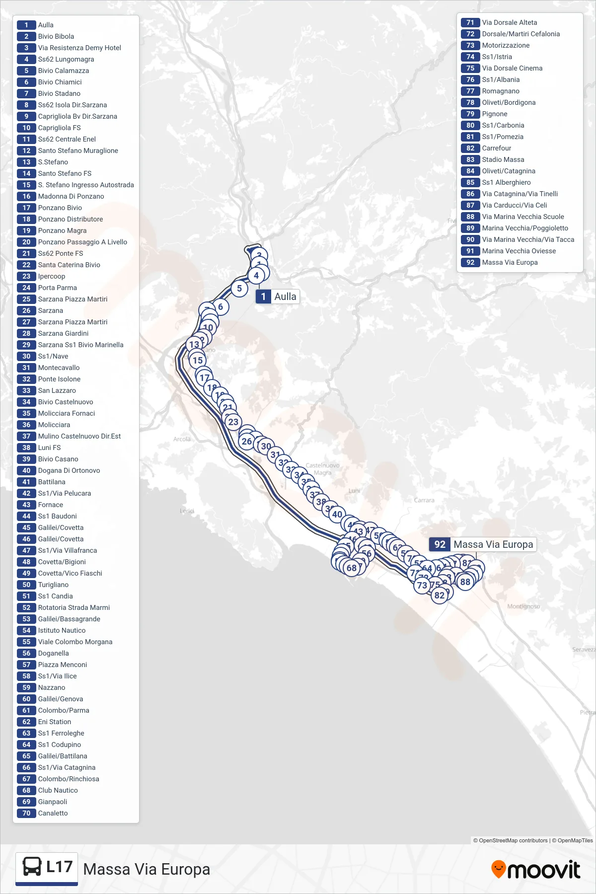 Linea L17 bus (Massa Via Europa) - Percorsi e fermate sulla mappa