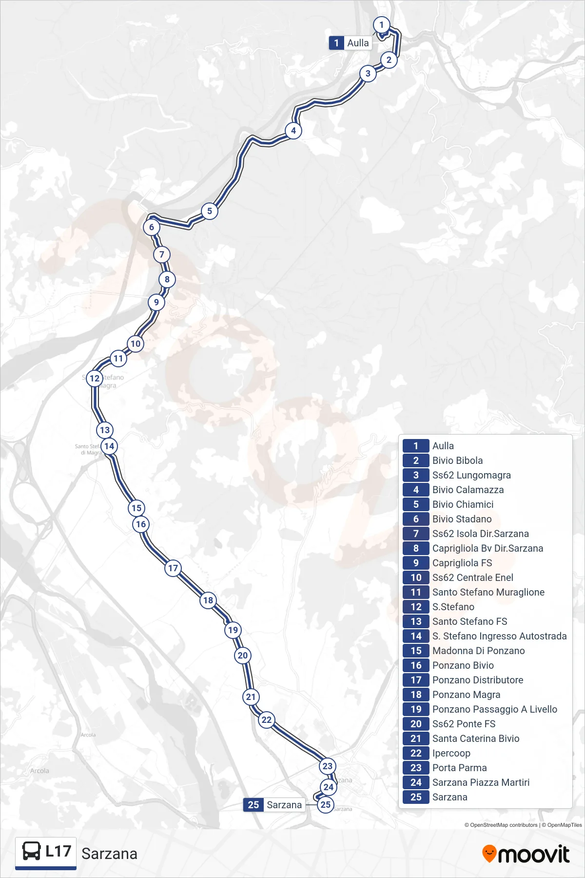 Linea L17 bus (Sarzana) - Percorsi e fermate sulla mappa